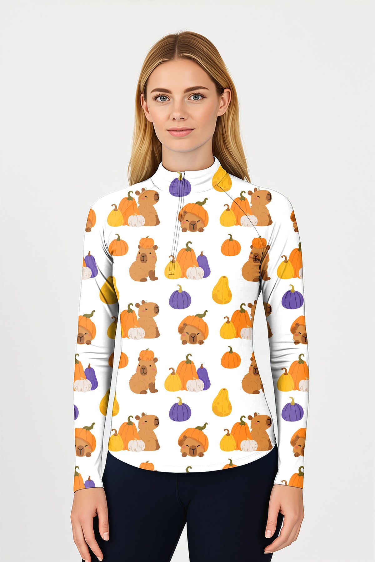 Halloween Capybara Women's Golf Active 3/4 Zipper Top Long Sleeves