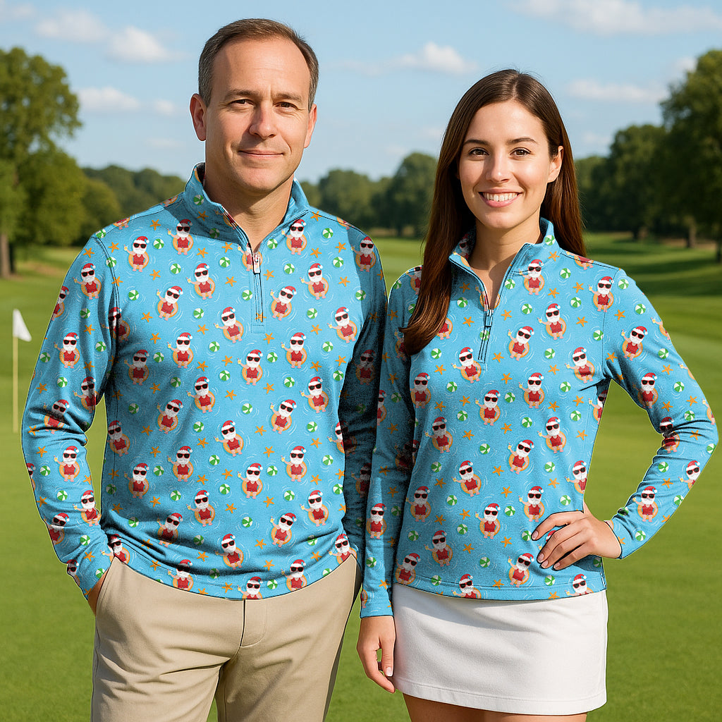 Christmas Santa Swim juice Couple Golf Active 3/4 Zip Top Long Sleeves