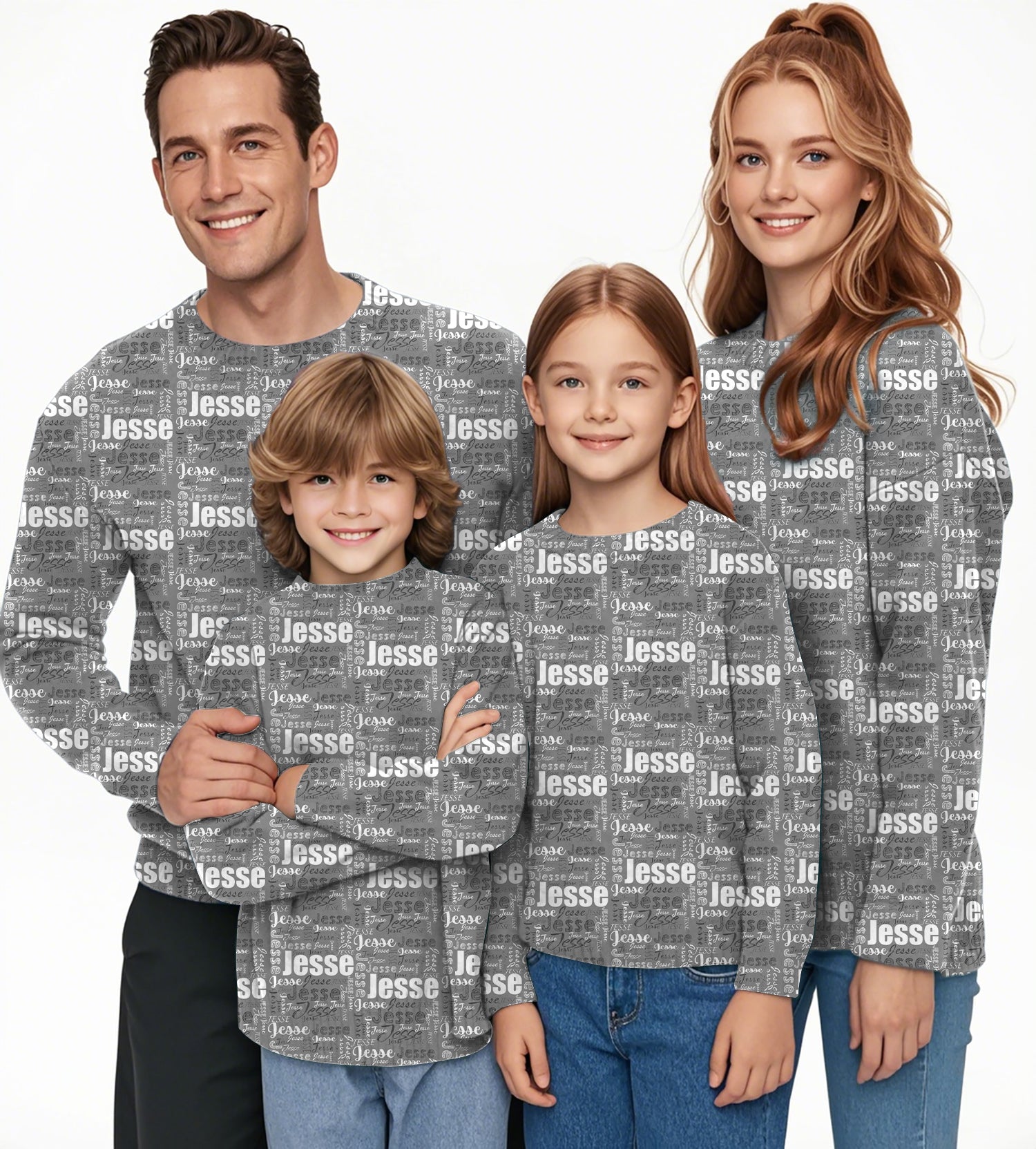 Custom name grey Crewneck Pullover Ugly Sweater Men Women boy girl family