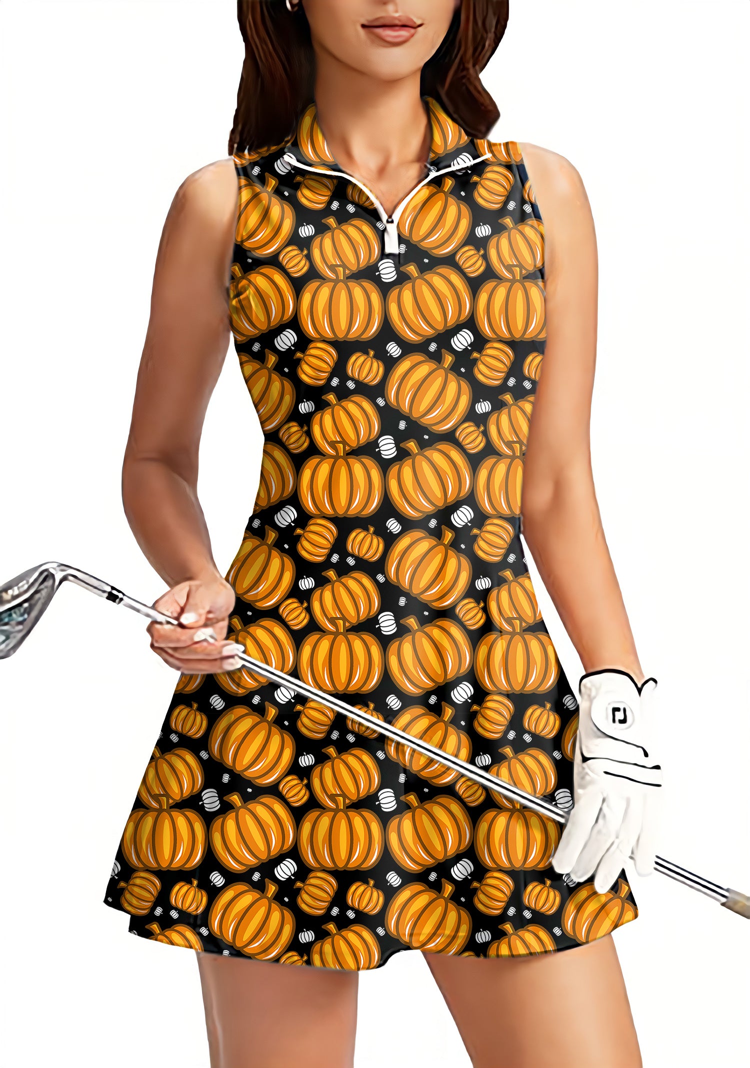 Halloween Pumpkin Family Women's Golf Sleeveless Zipper Dresses with Built in Shorts