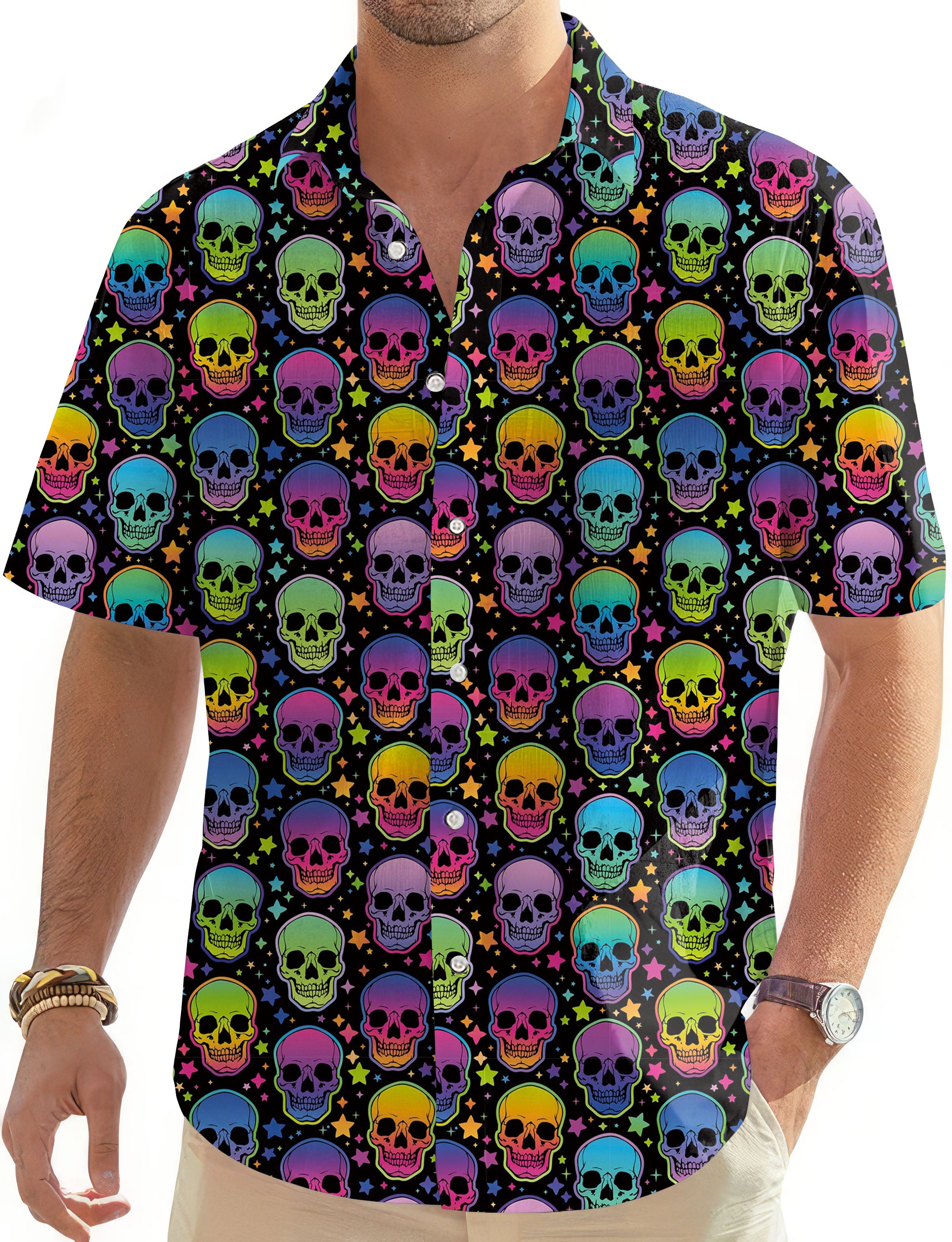 Neon Skulls-Men's Golf Hawaiian Shirts Button Down Shirt