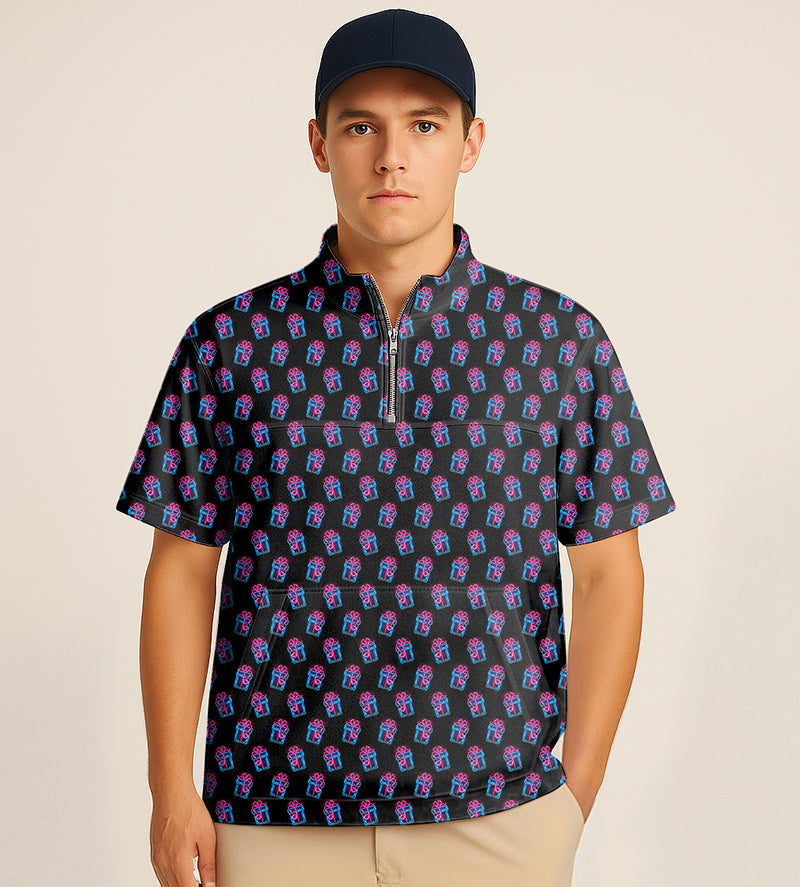 Men's half zipper turtleneck golf short shirt with colorful pattern and cap