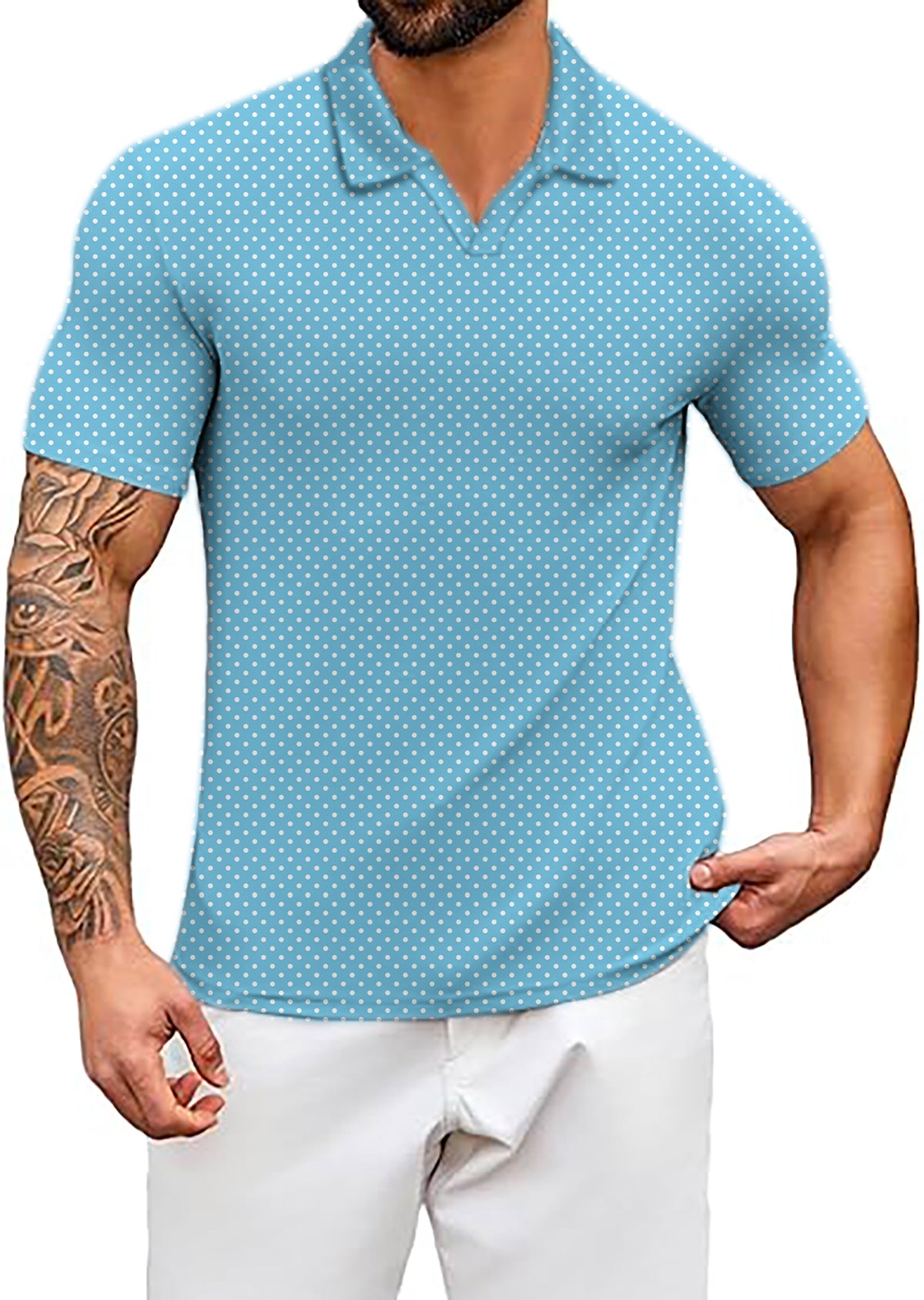 Men's white polka dots blue background V Neck Golf Polo Shirts