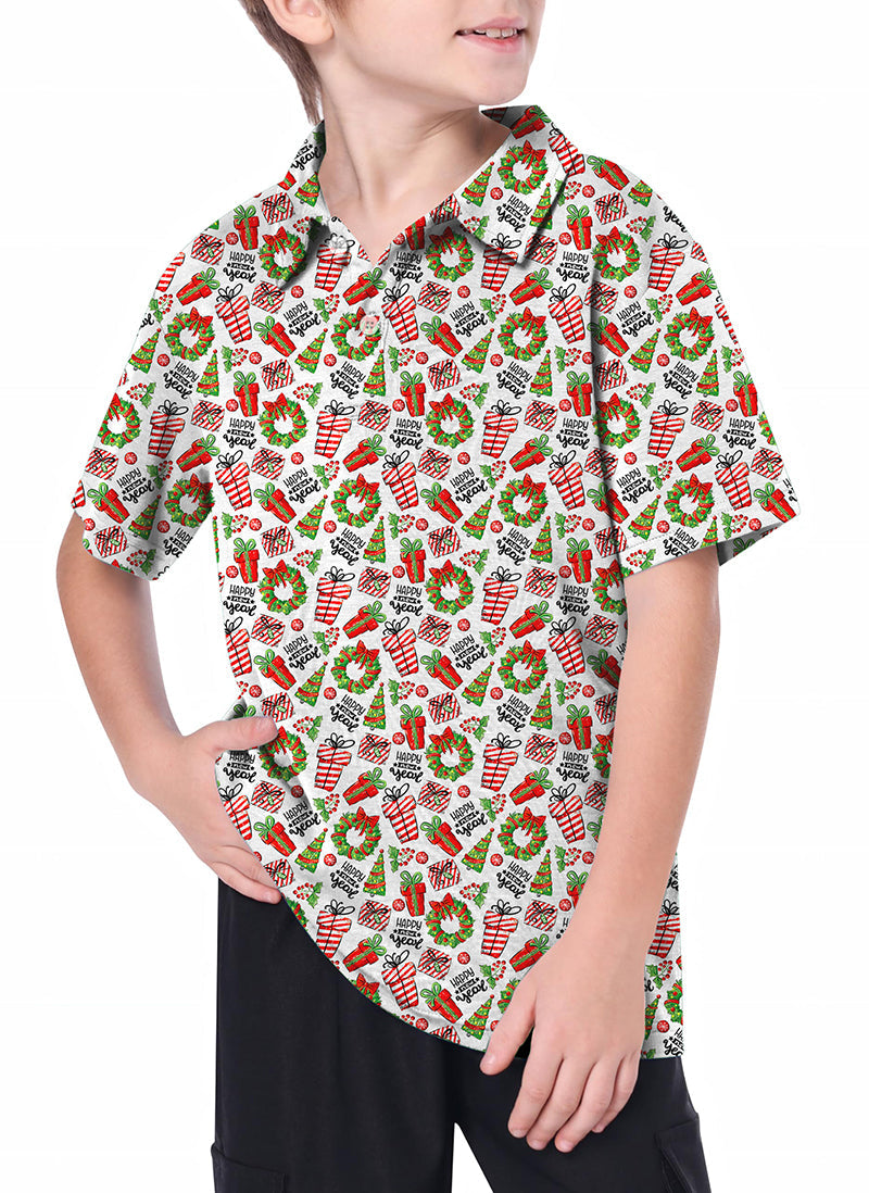 Youth golf polo with Christmas print featuring wreaths, candy canes, and holiday icons on a boy model