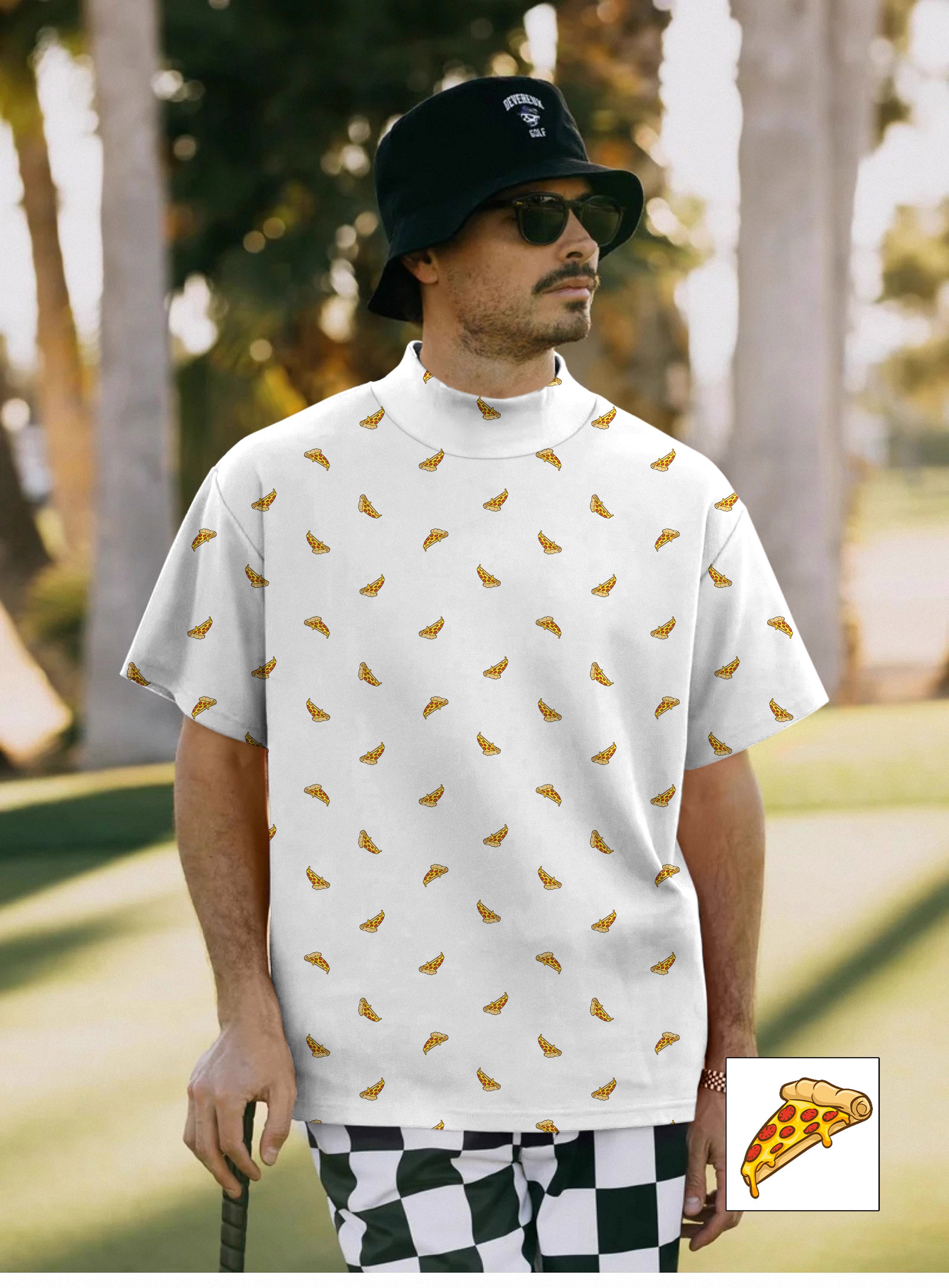 Men's Delicious White Pizza Custom The Background Color Pullover High neck Long/Short sleeve T-Shirt
