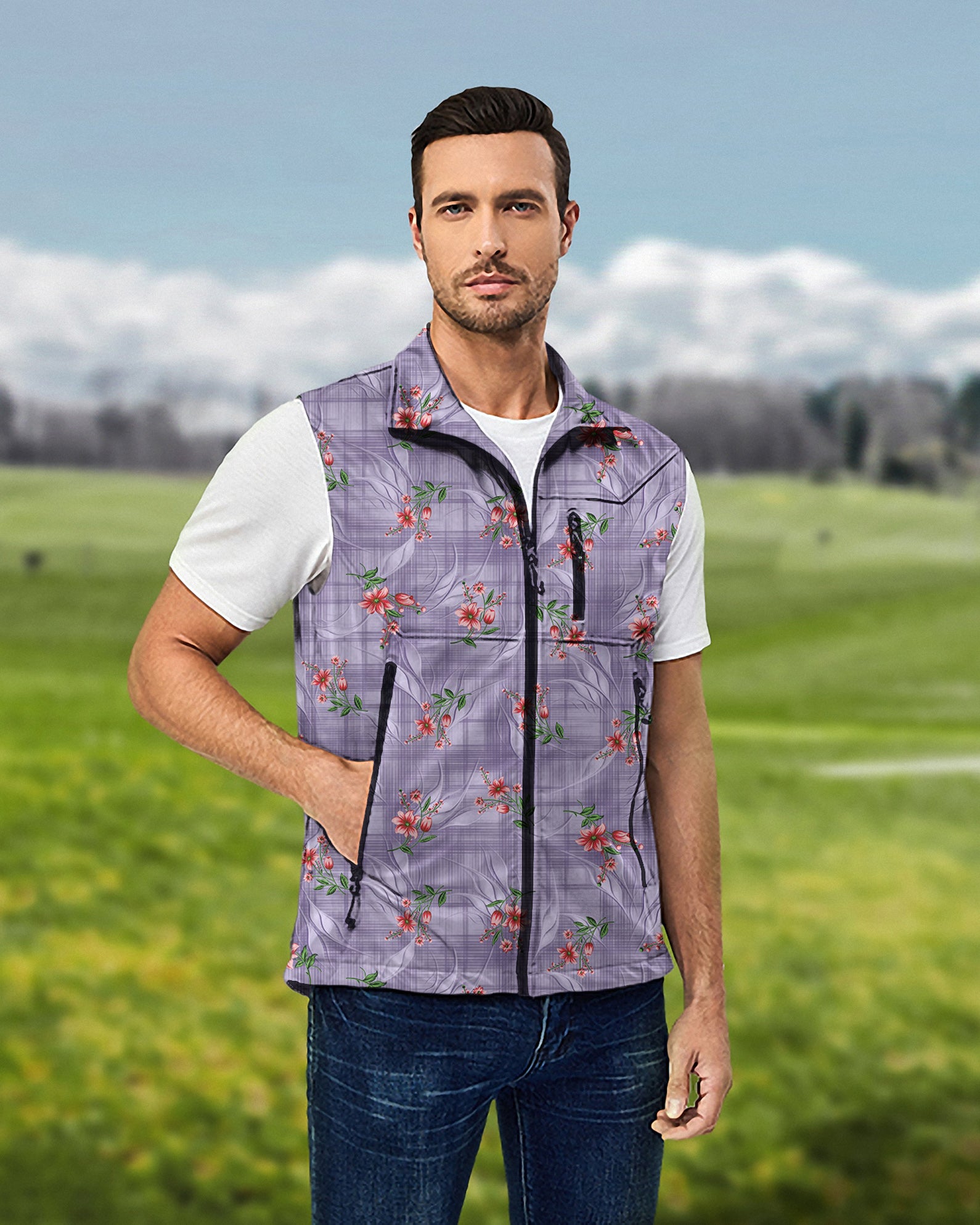 Men's Purple flower Lightweight Softshell Vest Sleeveless Jacket for Golf Windproof Waterproof