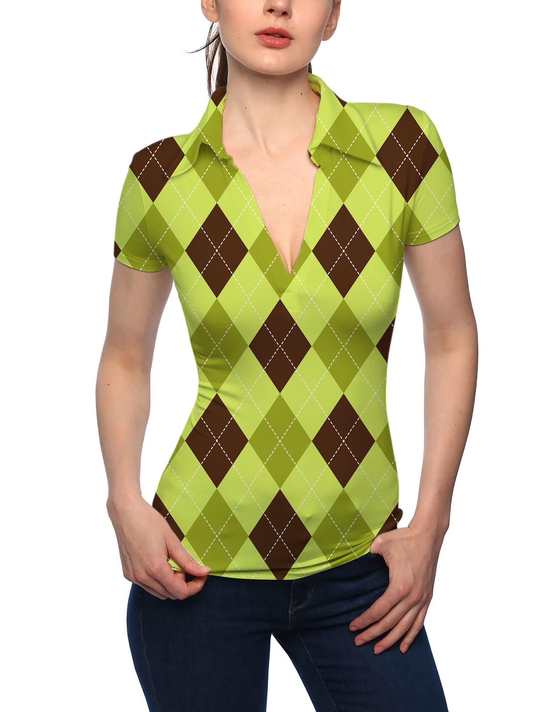 Women's Yollow Argyle V Neck Golf Polo