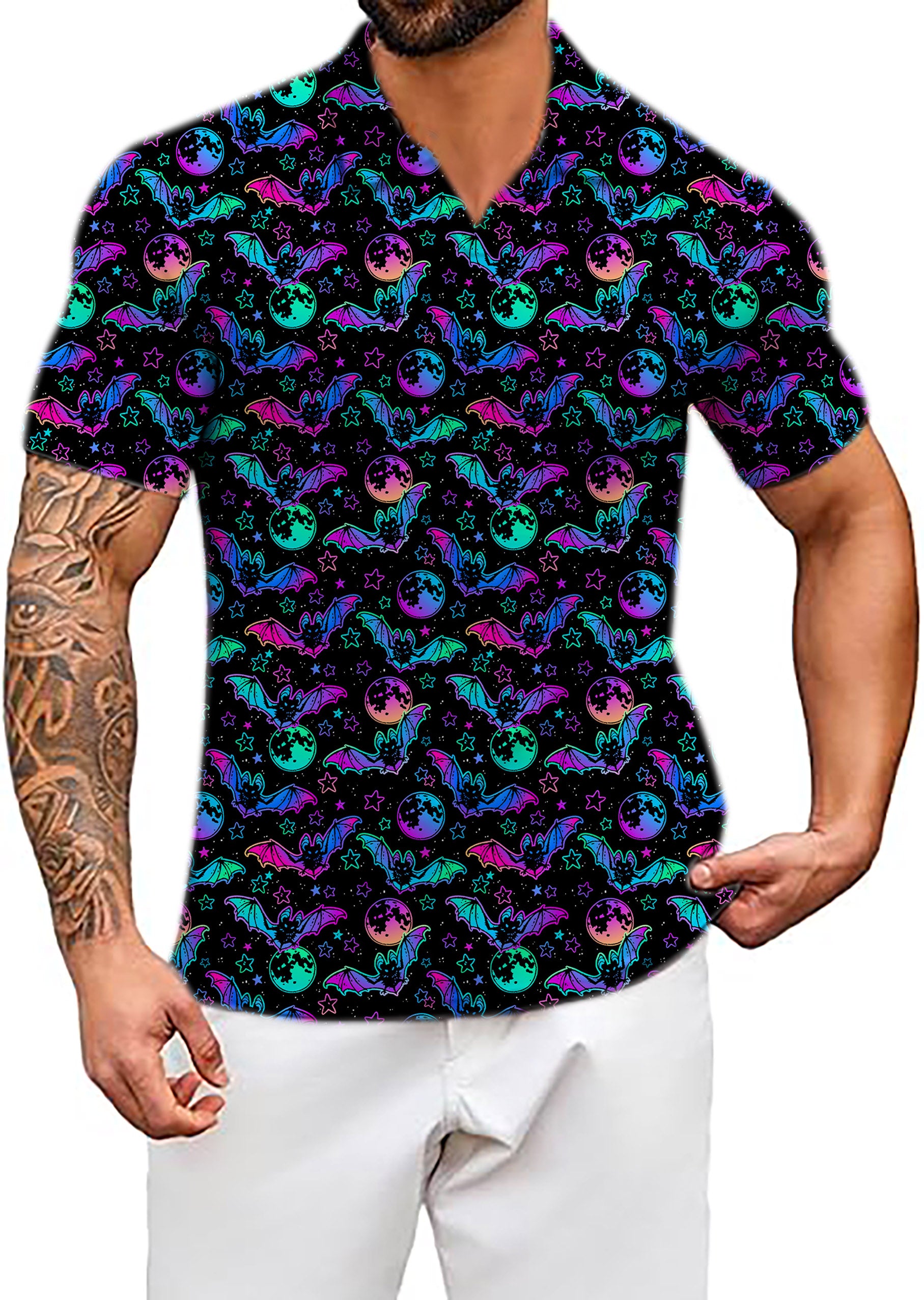 Men's Coconut Palm Halloween Bat Moon V Neck Golf Polo Shirts