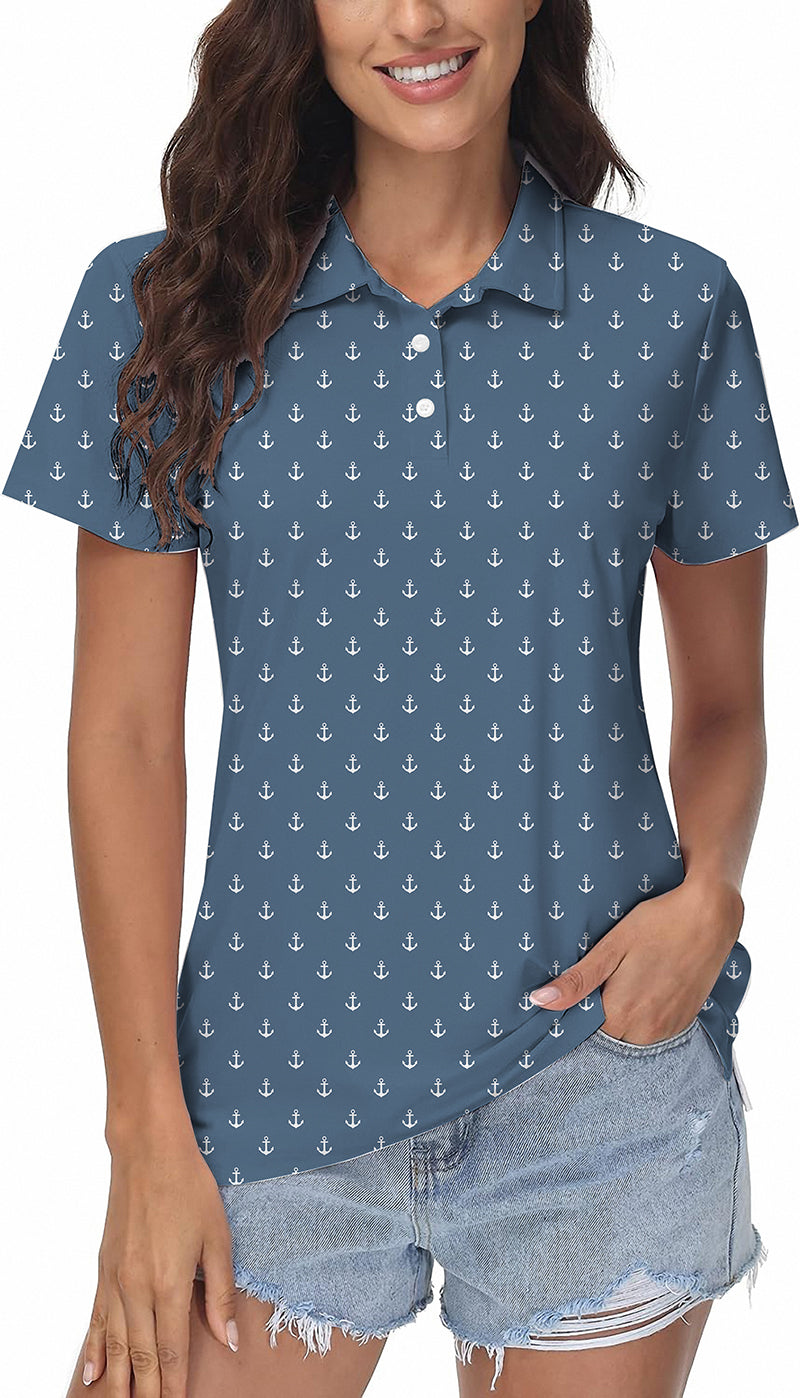Gray blue women's golf polo with anchor pattern, breathable moisture-wicking fabric, and classic fit.