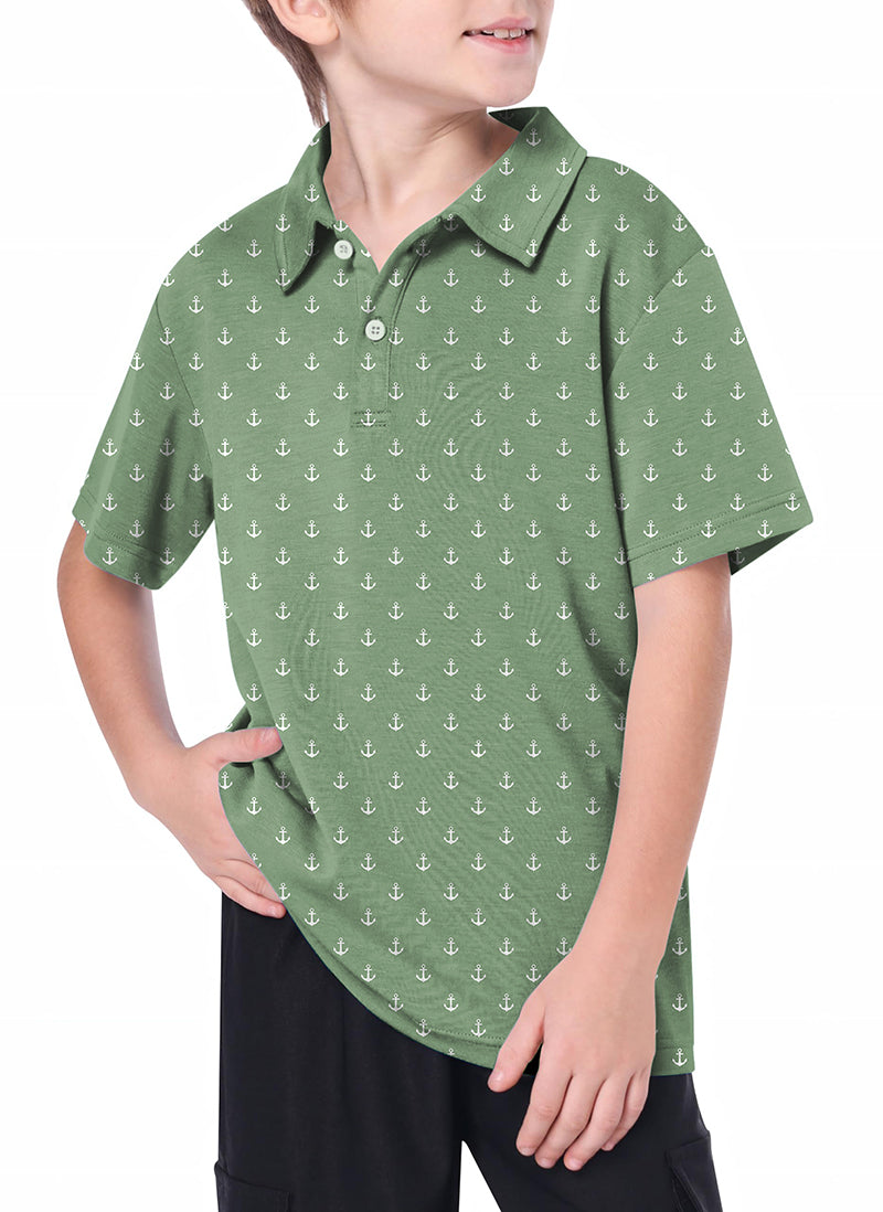 Youth grass green anchor golf polo shirt with 4-way stretch and moisture-wicking fabric for kids