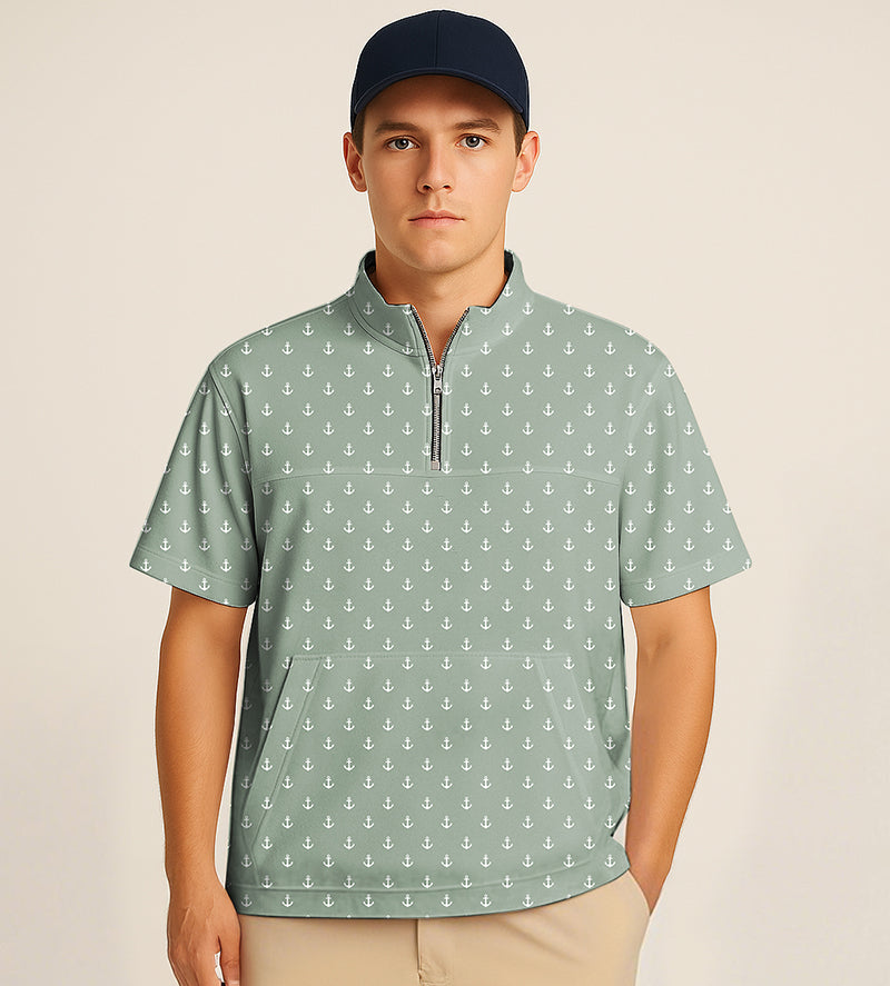 Half zipper light green turtleneck golf shirt with anchor embroidery and short sleeves