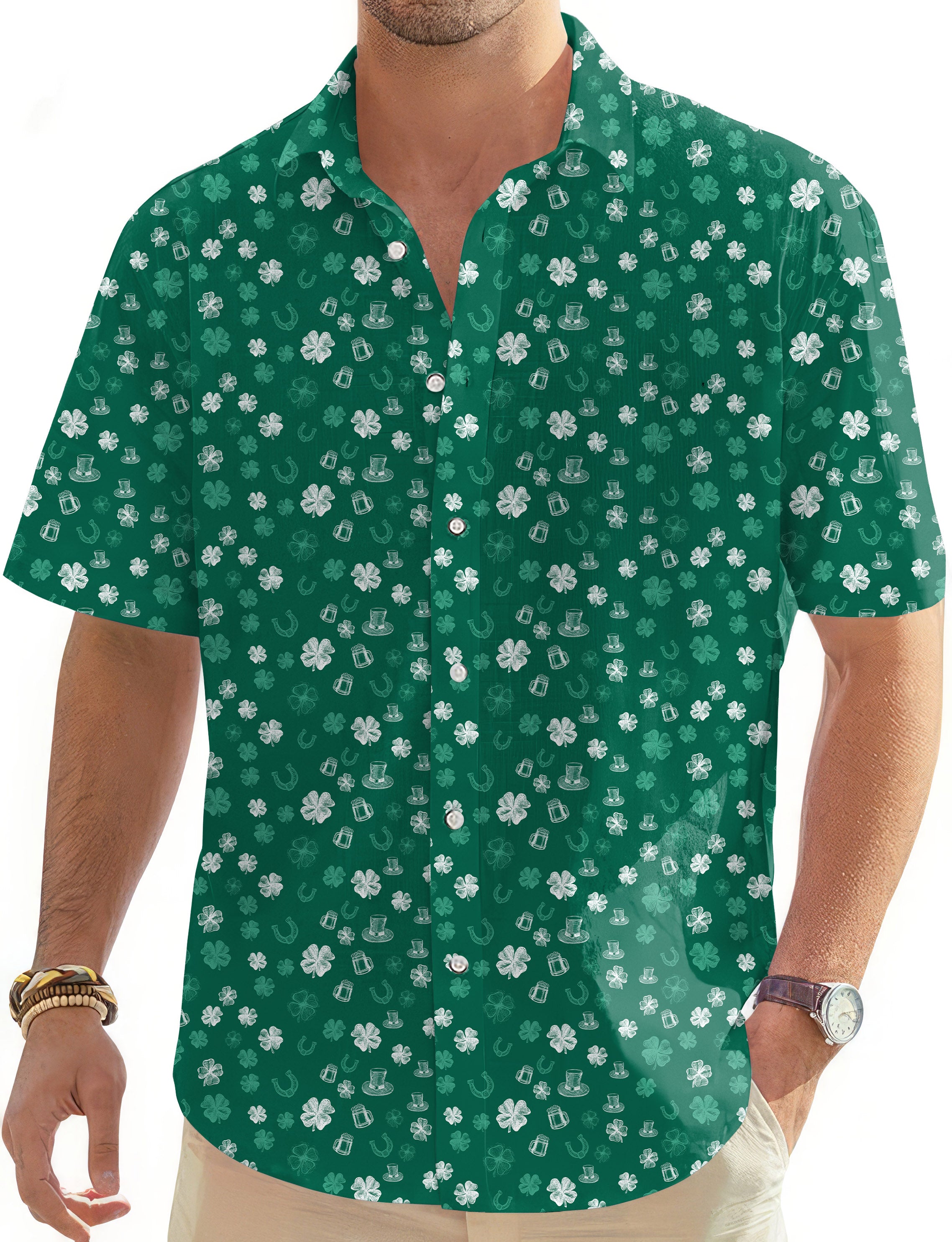 Green beer clover leaf St. Patrick's Day-Men's Golf Hawaiian Shirts Button Down Shirt