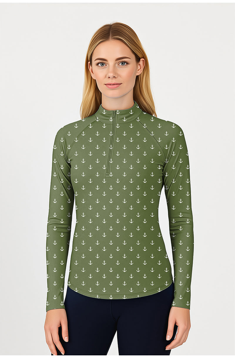 Olive green anchor women's golf 3/4 zip top with long sleeves and mock collar