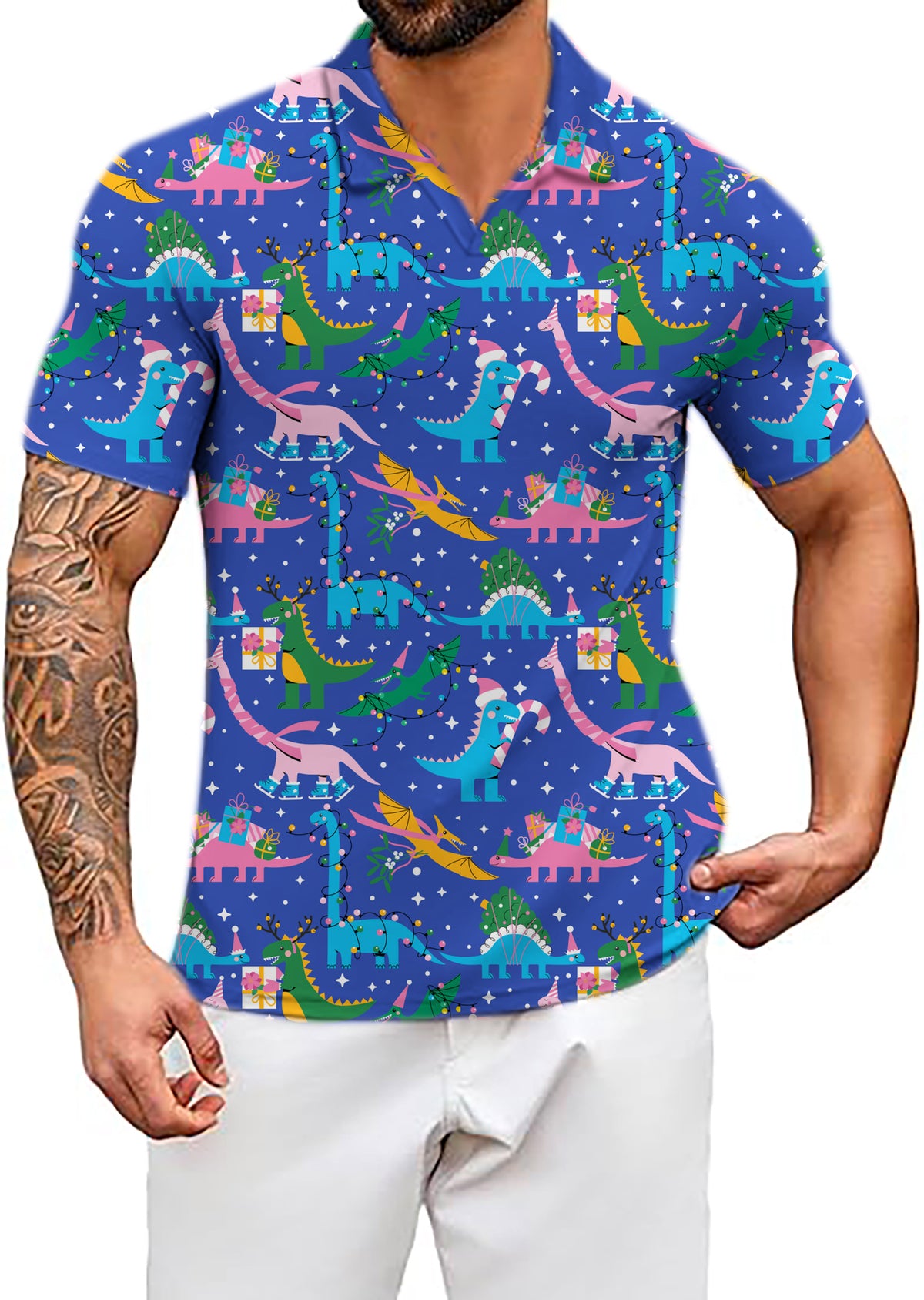 Men's Christmas Dinosaur V Neck Golf Polo Shirts
