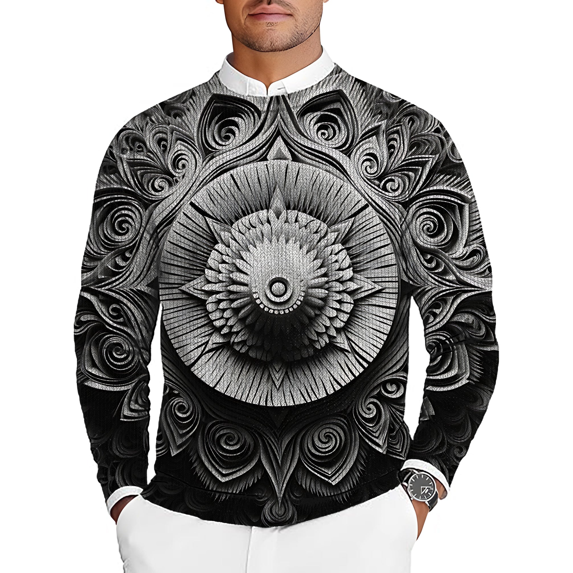 Artistry Motion Men's black and white ornate golf crewneck pullover sweater with intricate circular design