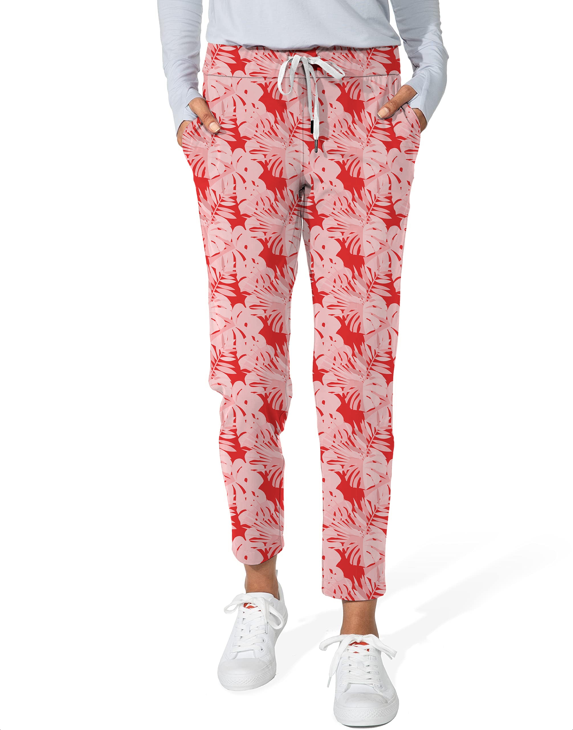 red tropical leaves and plants Women's 7/8 Stretch Ankle Golf Pants