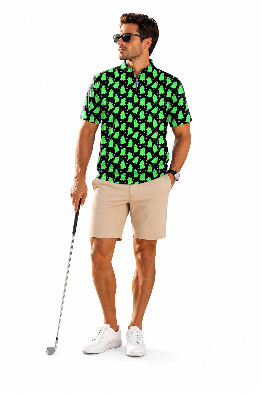 Halloween Men's Short Sleeve Quarter Zip Golf Pullover   Green Ghost Embroidery