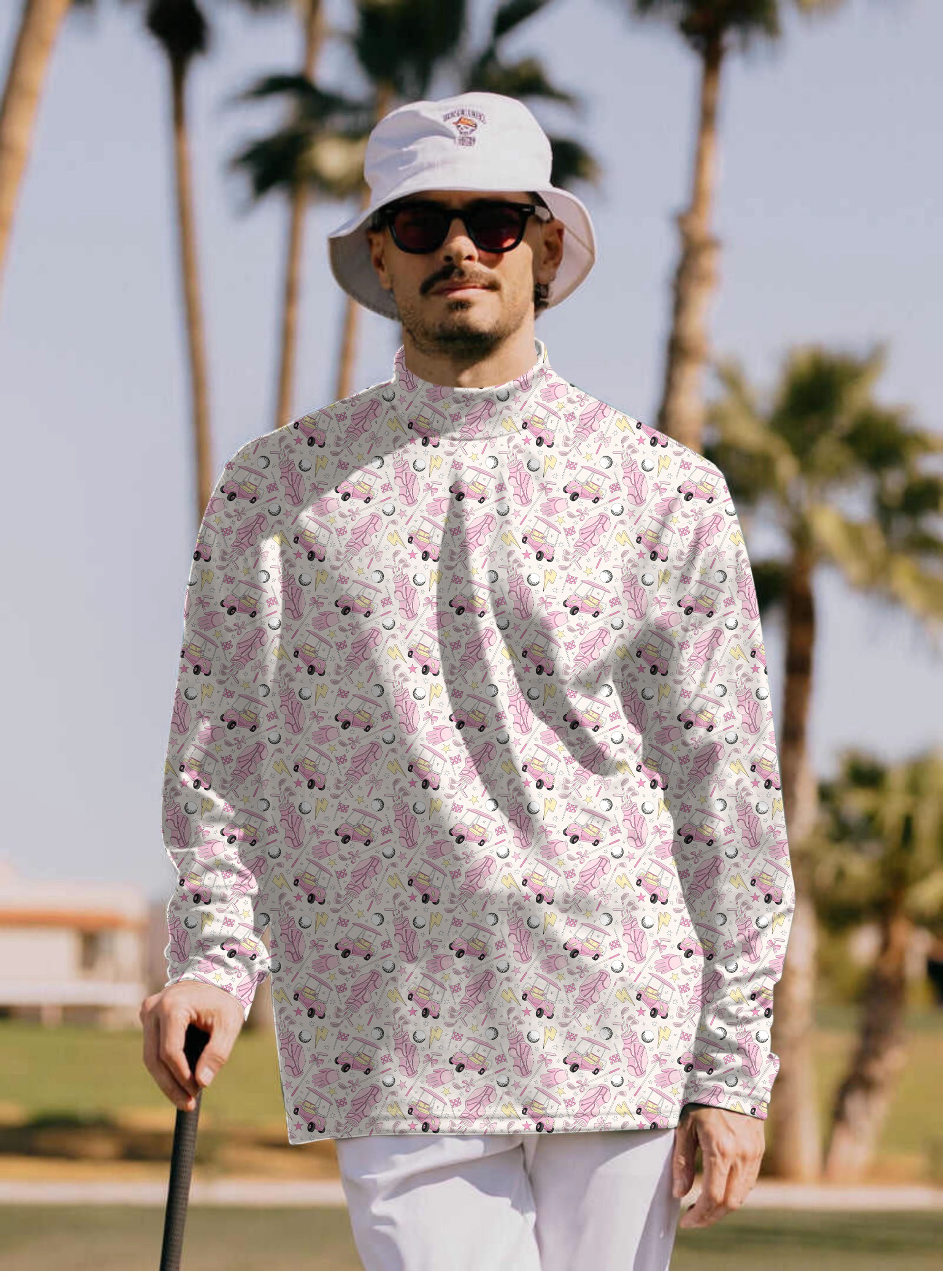 Men's Pink Golf Cartoon Mock Neck Long/Short Sleeve Golf Tops