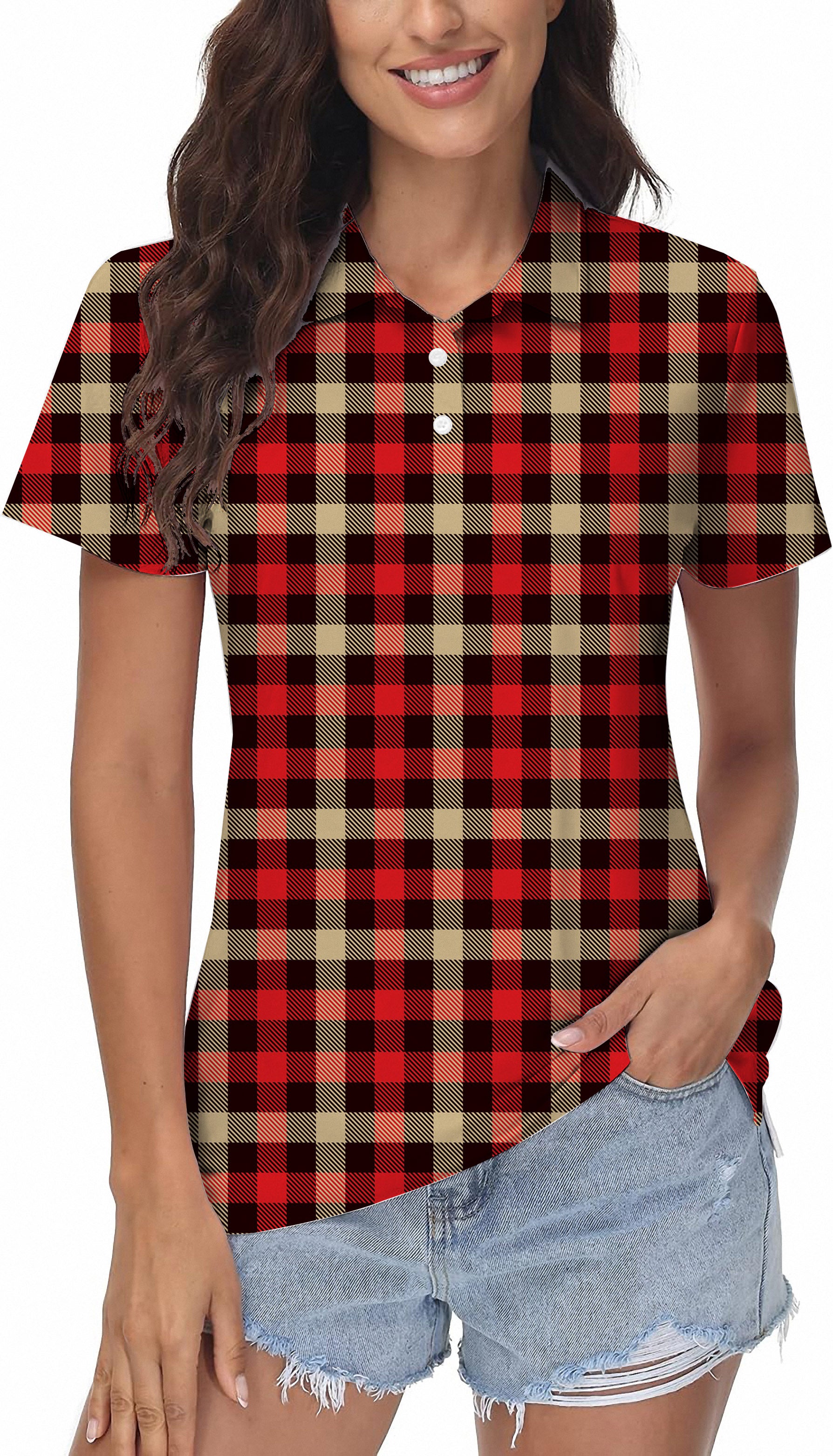 Red grid Women's Golf Polo