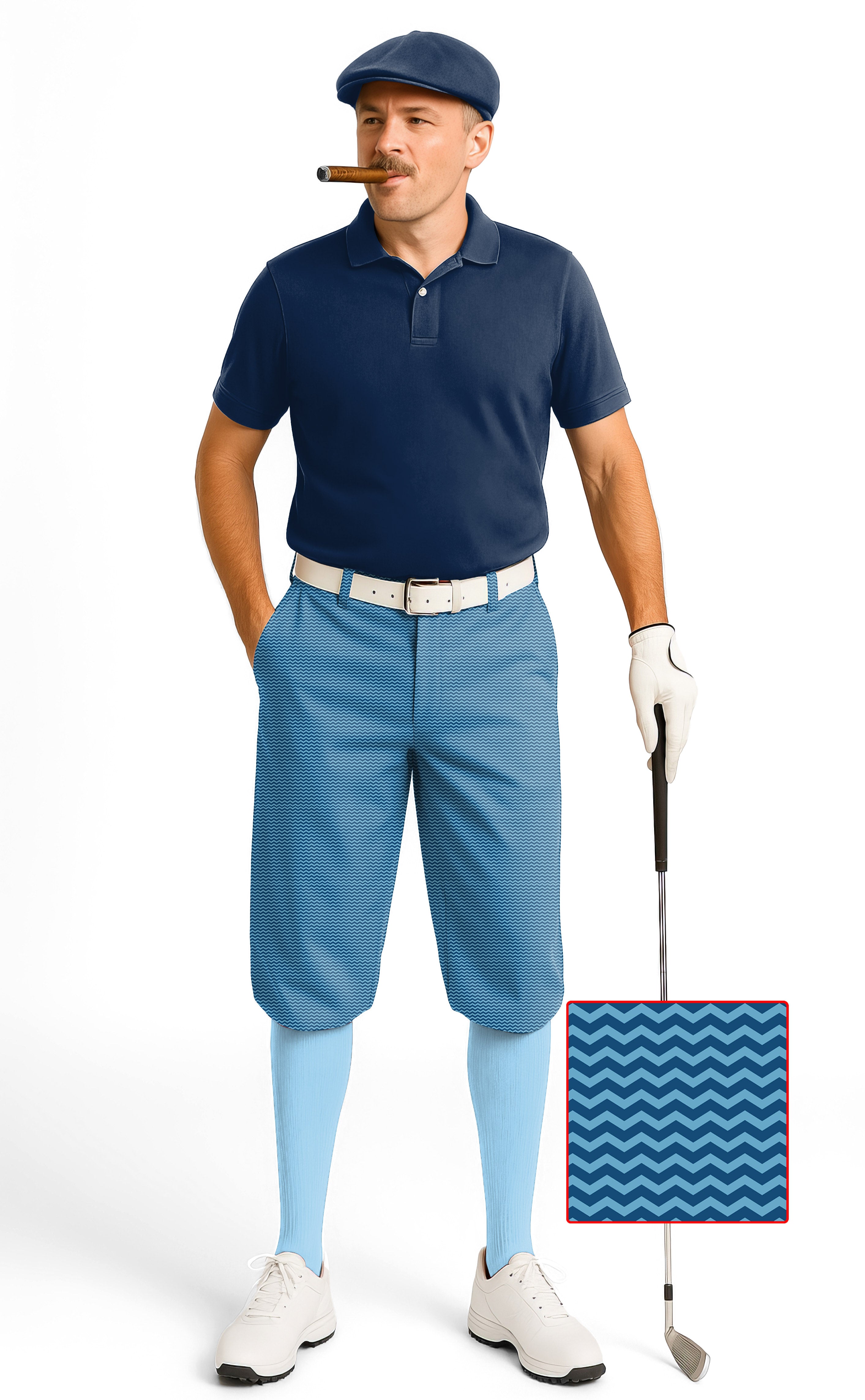 Man wearing Blue Waves Men's Golf Knickers pants with snug ankle cuffs and breathable fabric holding golf club
