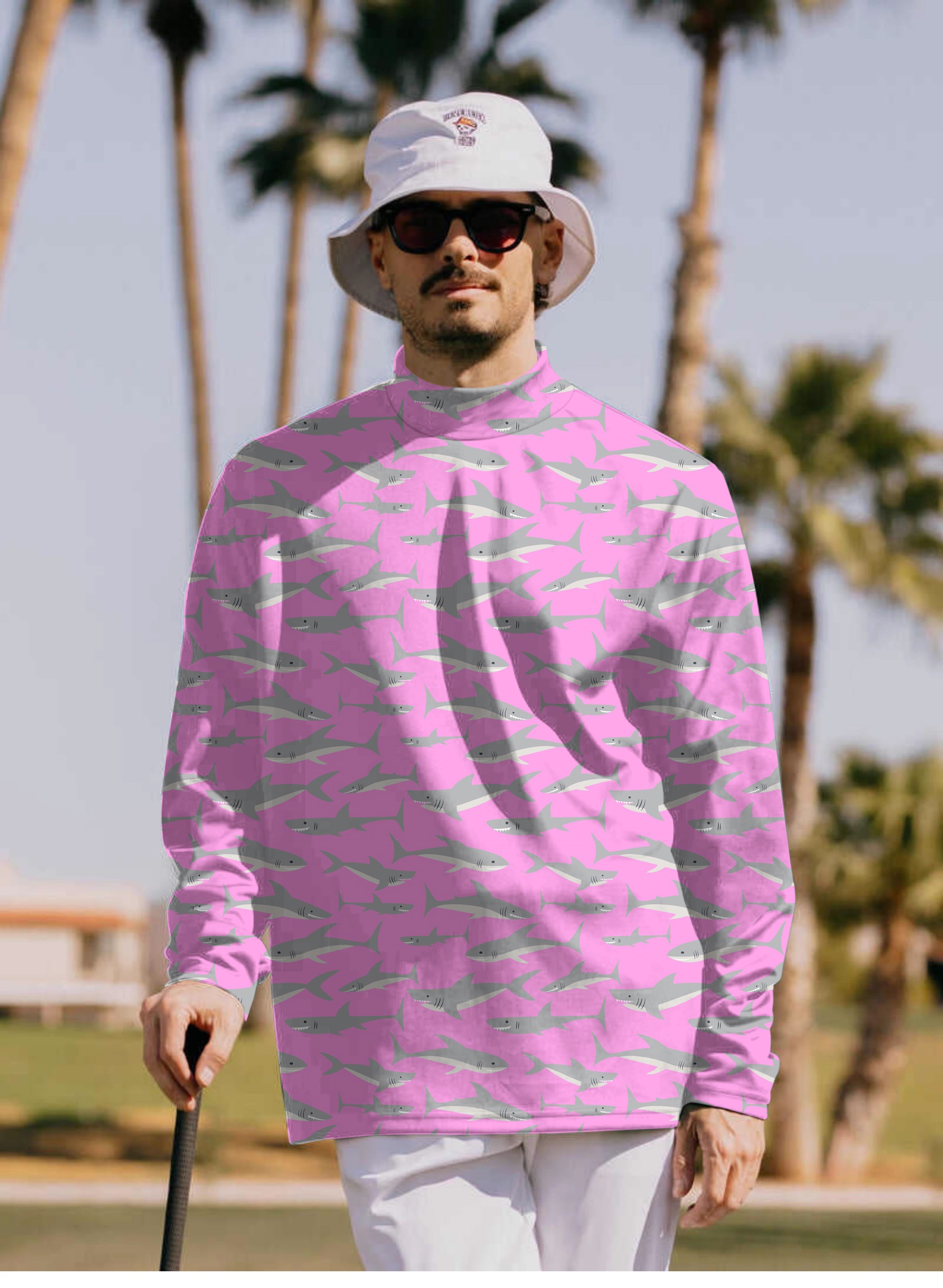 Men's Pink Sharks Pullover High neck Long/Short sleeve T-Shirt