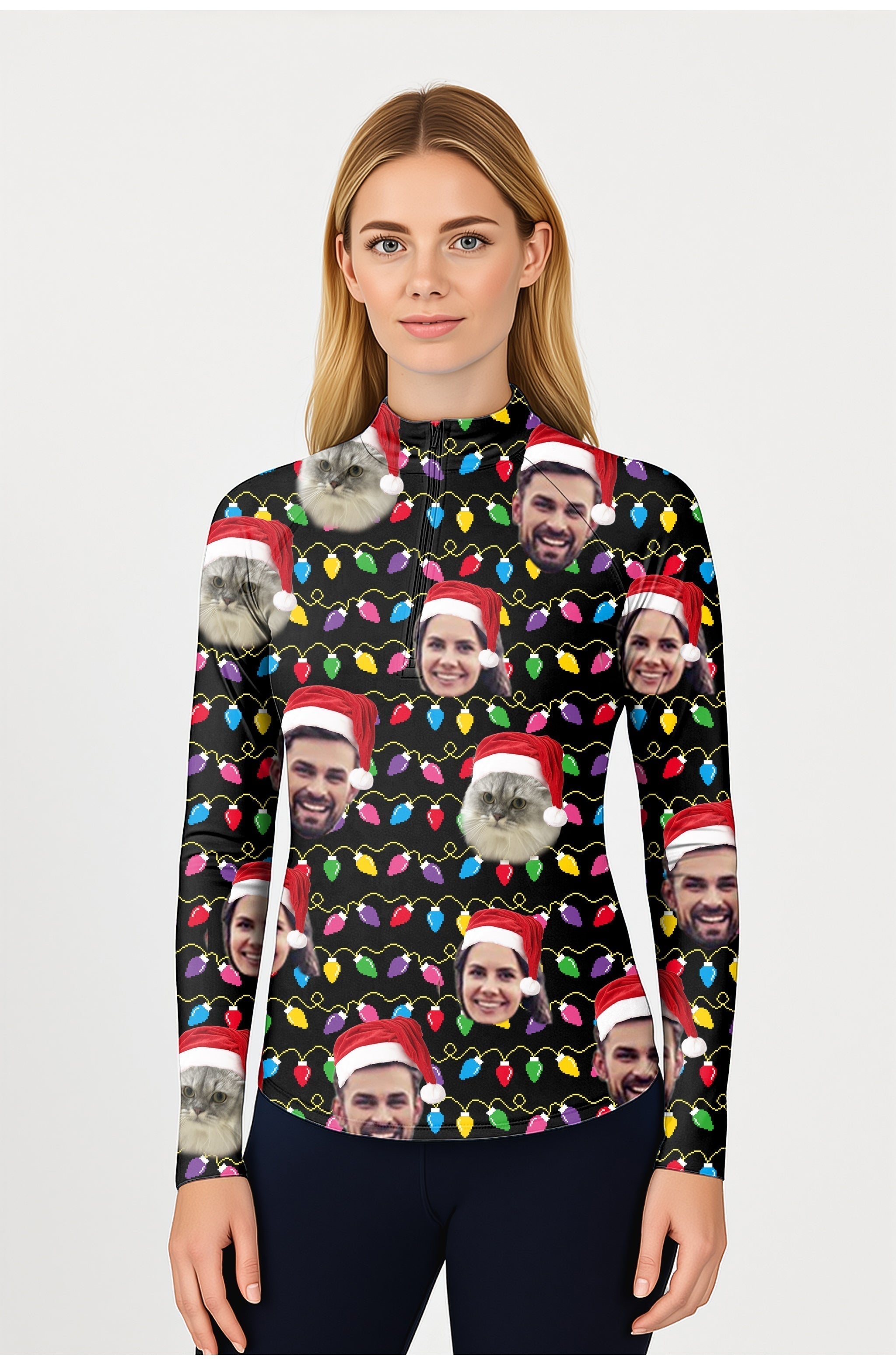 Woman wearing custom face-Christmas women's golf 3/4 zip active top with festive lights and Santa hats design