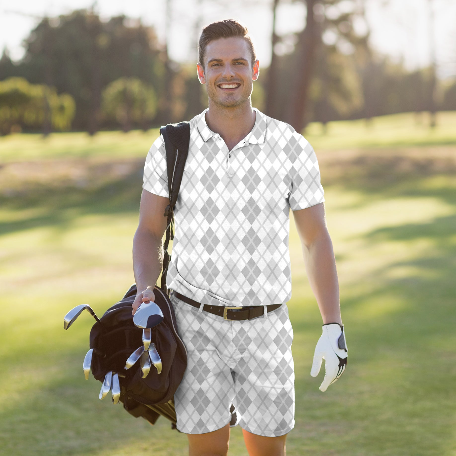 Men's Golf Set Polo+Shorts Argyle grey grid
