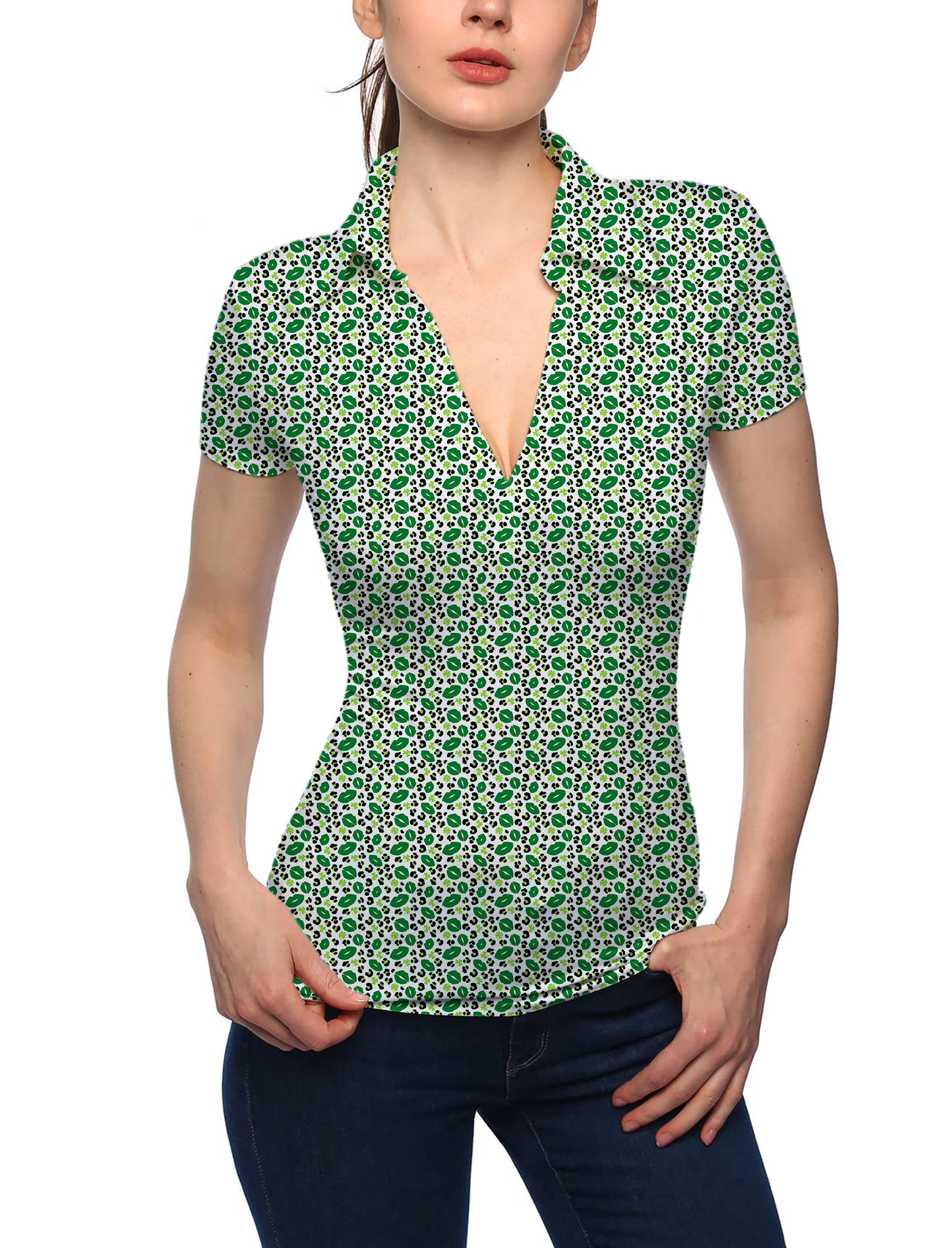 Women's Green leopard kiss St. Patrick's Day V Neck Golf Polo
