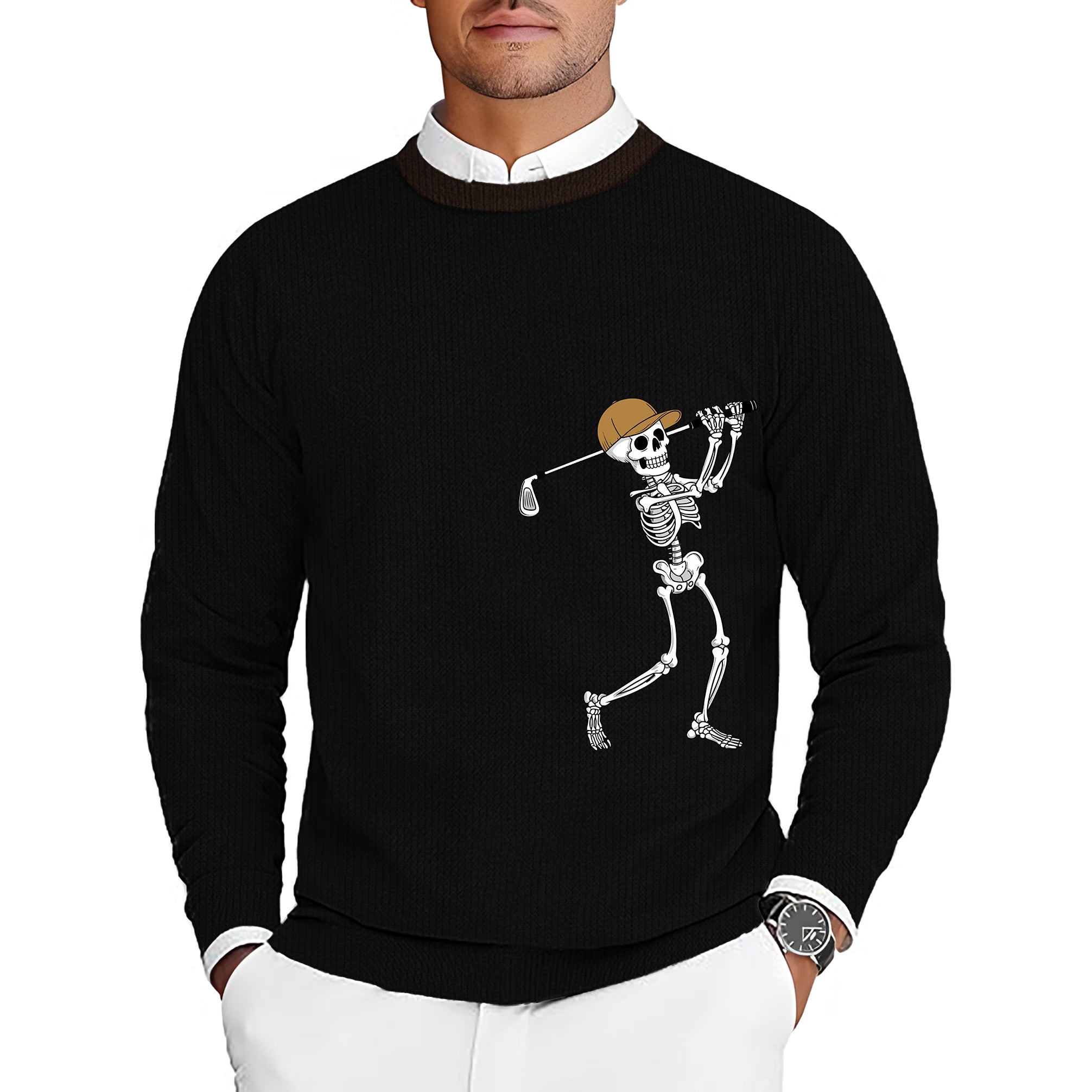 Brown Black Halloween Skeleton Golf Men's Golf Crewneck Pullover Sweaters Ugly Sweater