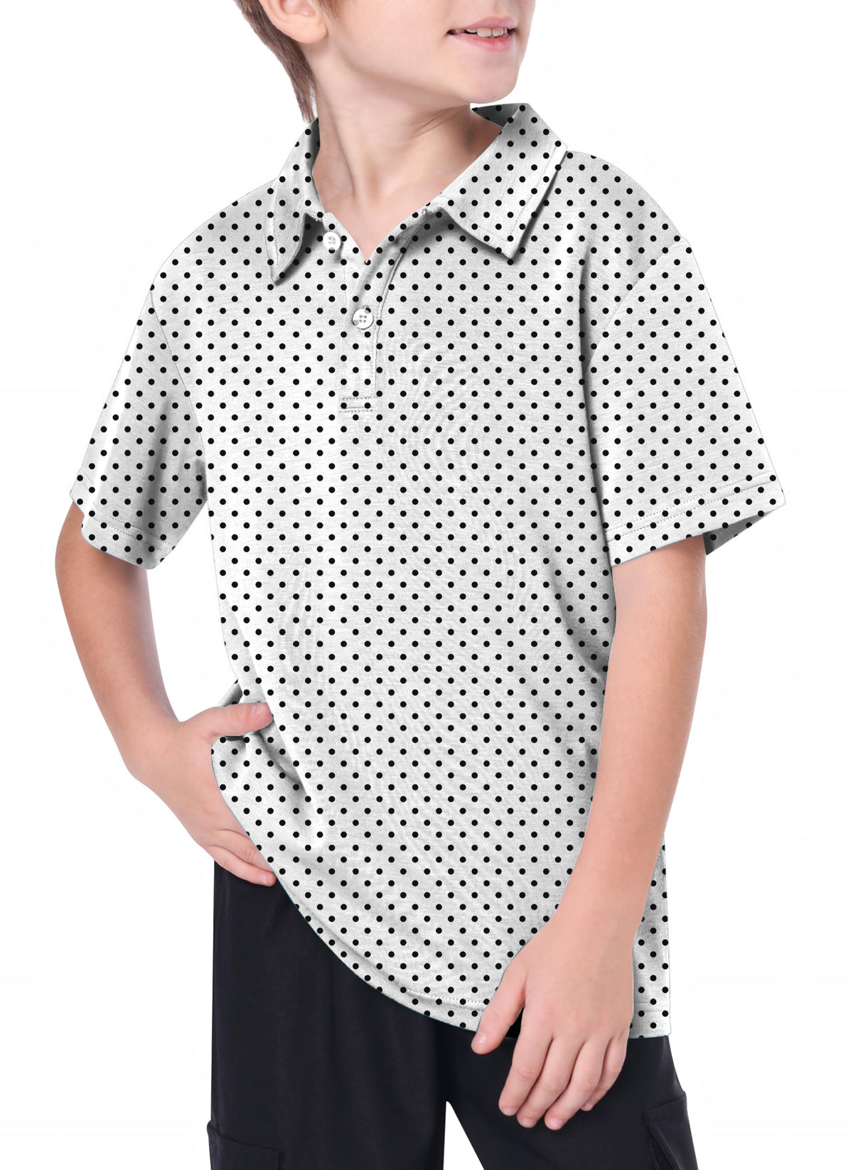 Youth Black polka dots white background Golf Polo