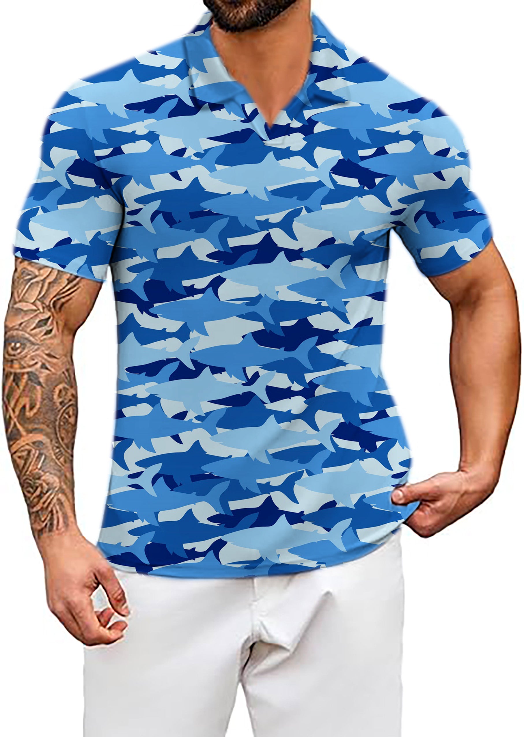 Men's Shark Camo V Neck Golf Polo Shirts