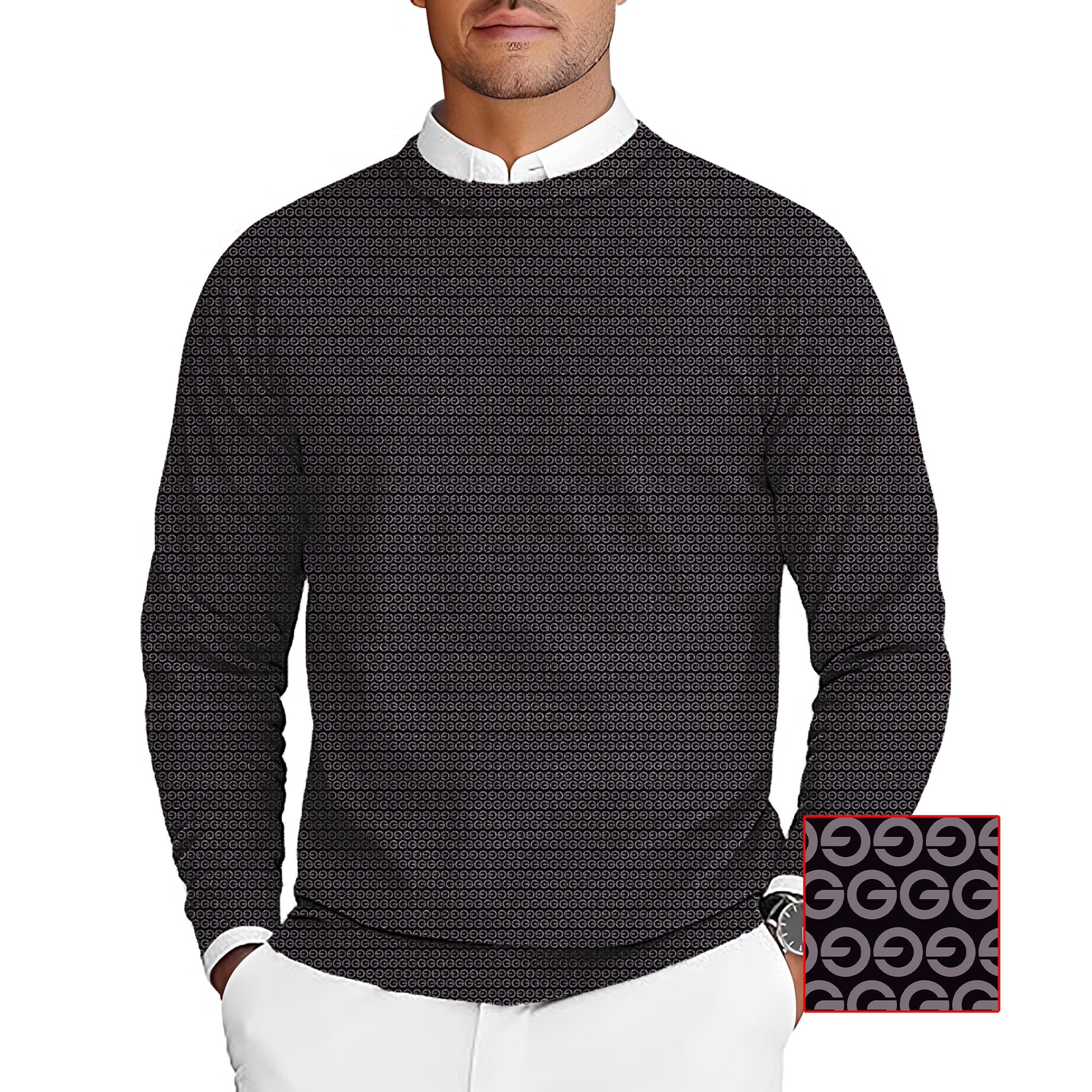 Brown G Men's Golf crewneck pullover sweater with G logo pattern, customizable golf team uniform option