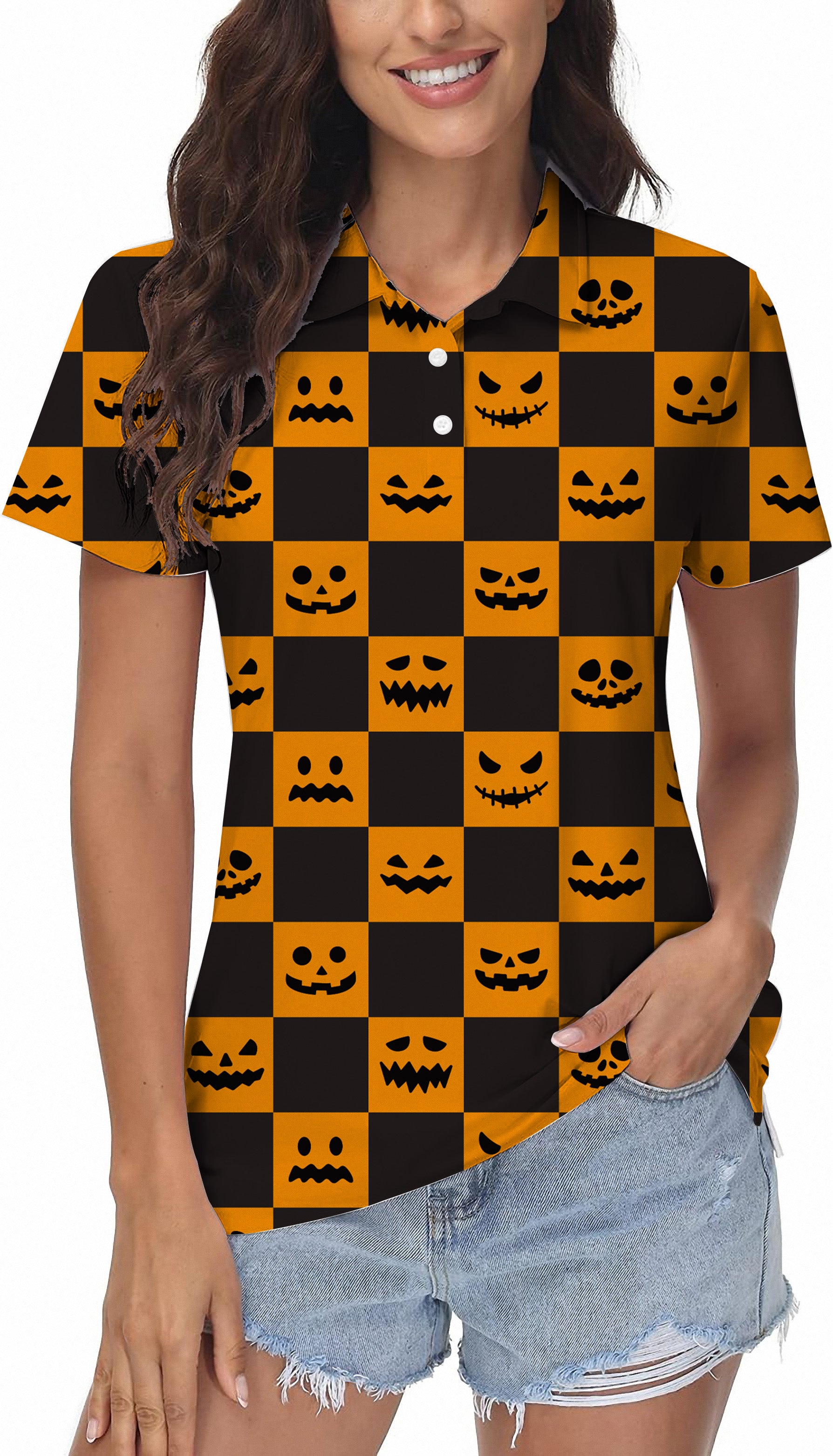 Halloween black and yellow checkerboard pumpkin Women's Golf Polo