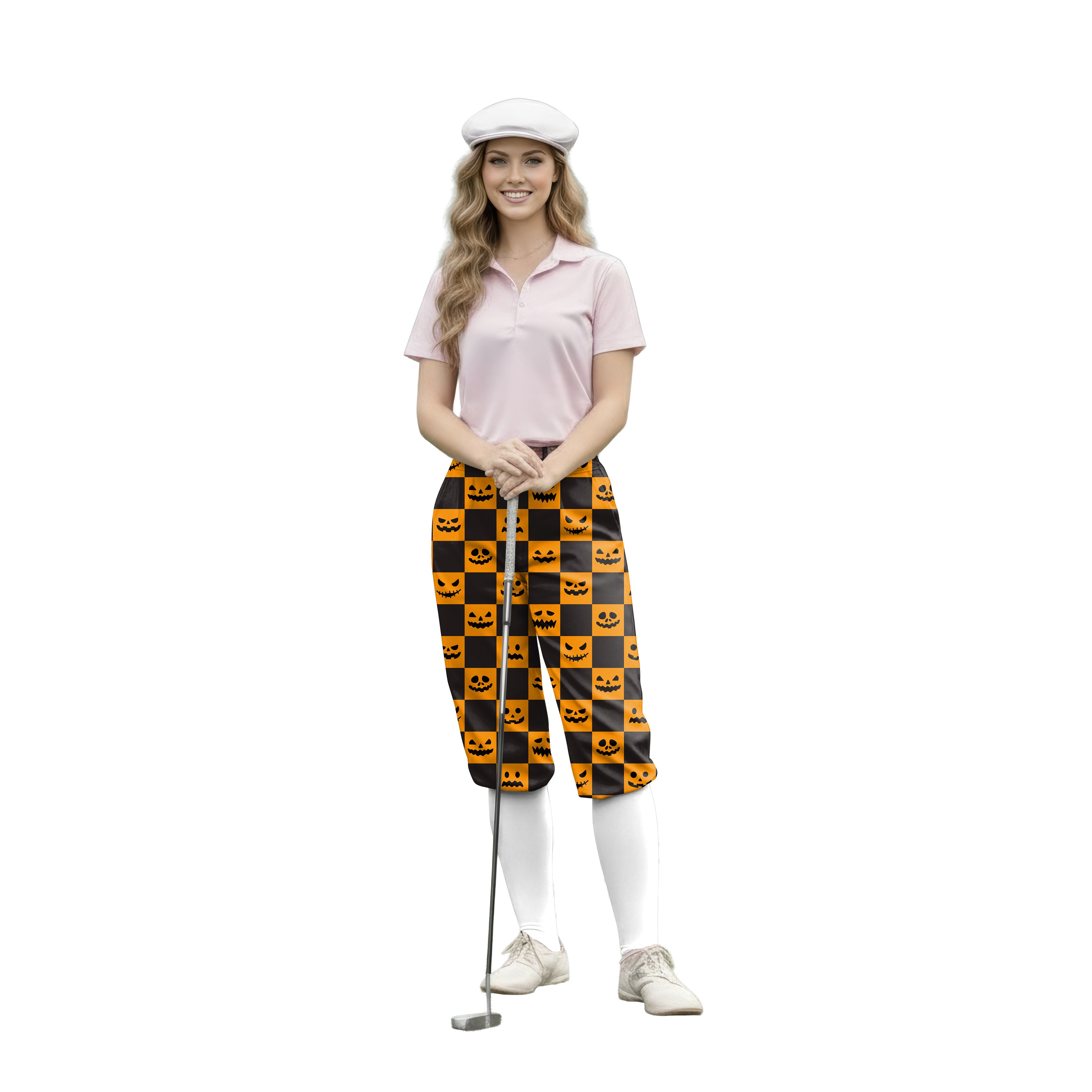 Personalize And Add To Cart Men's Halloween black and yellow checkerboard pumpkin Polo Womens Golf Knickers Pants