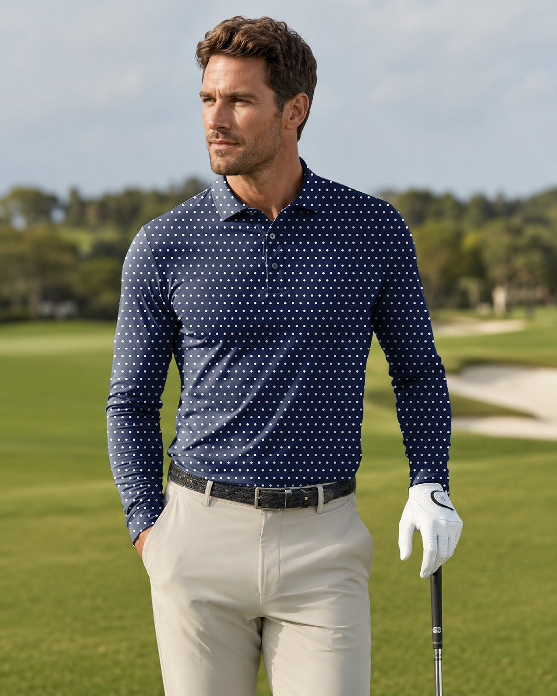 Men's Navy blue with white polka dots Long-sleeved Polo