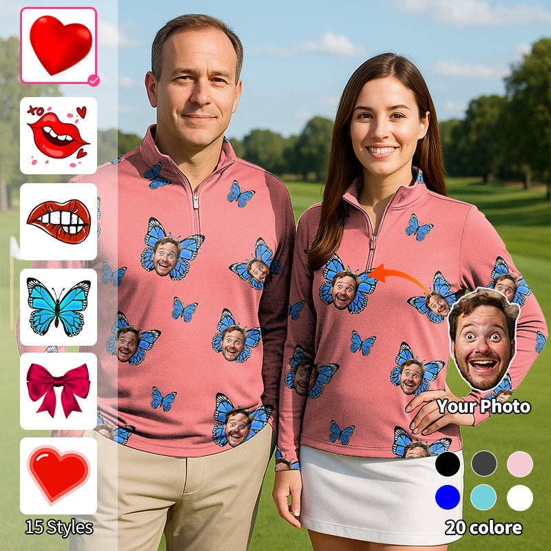 Valentine's Day custom photo face hot pink couple golf 3/4 zip top with butterflies