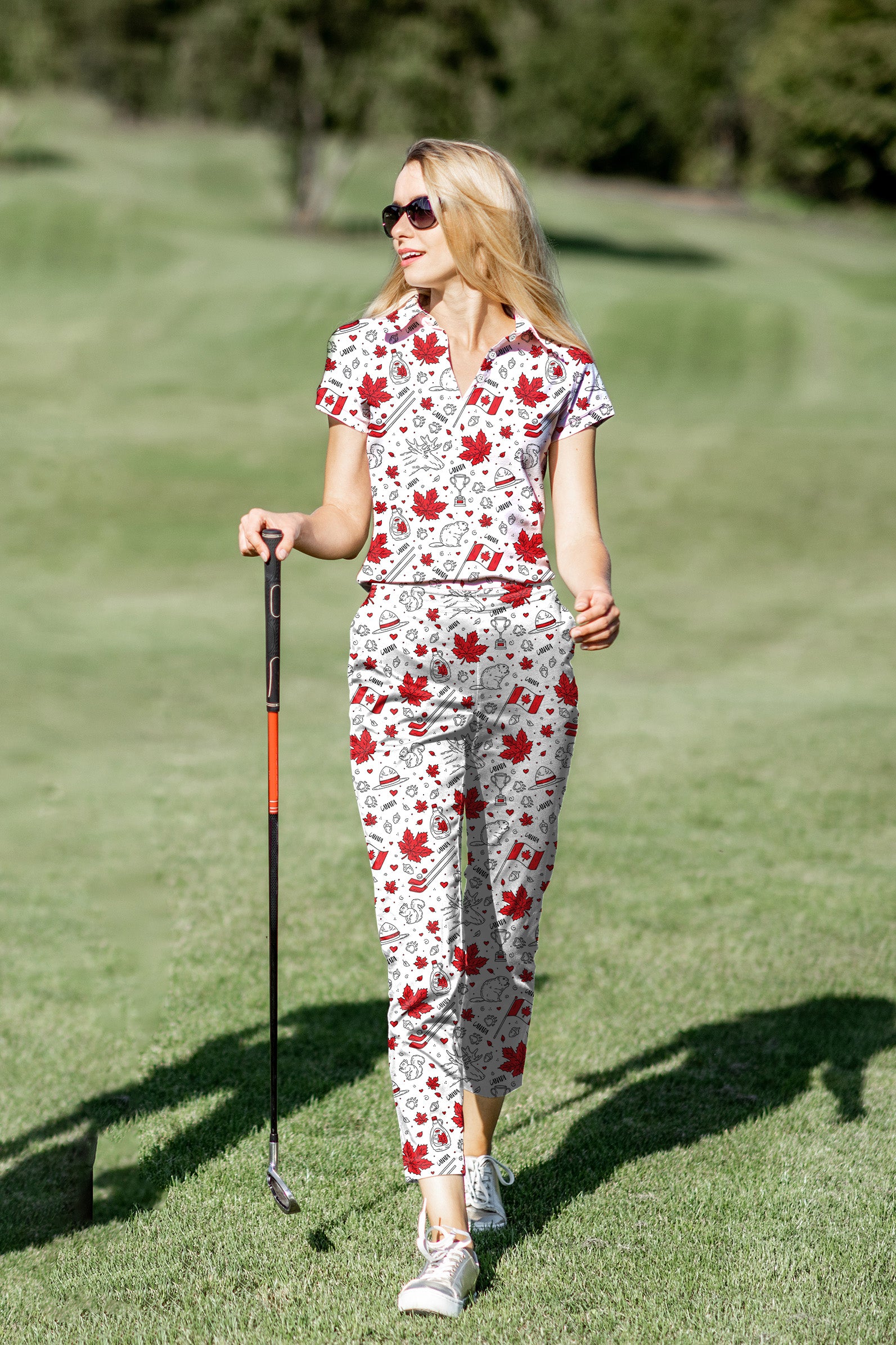 Women's Golf Polo+Pants Set Canadian Balloon Squirrel Maple Leaves