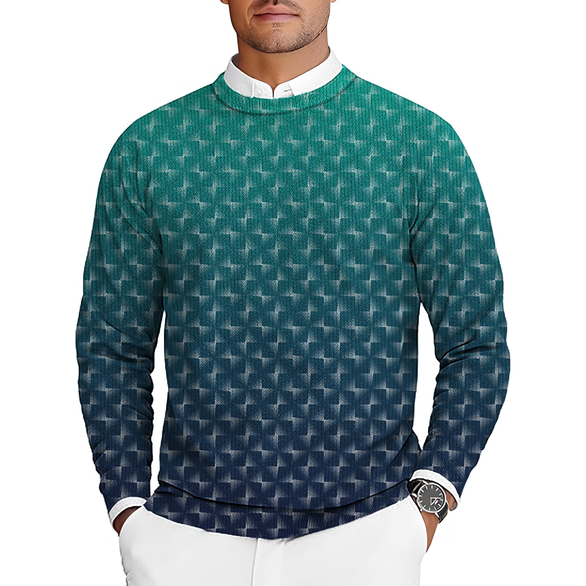 Cyan Gradient Custom Sport Team Competition Uniforms Men's Golf Crewneck Pullover Sweaters Ugly Sweater
