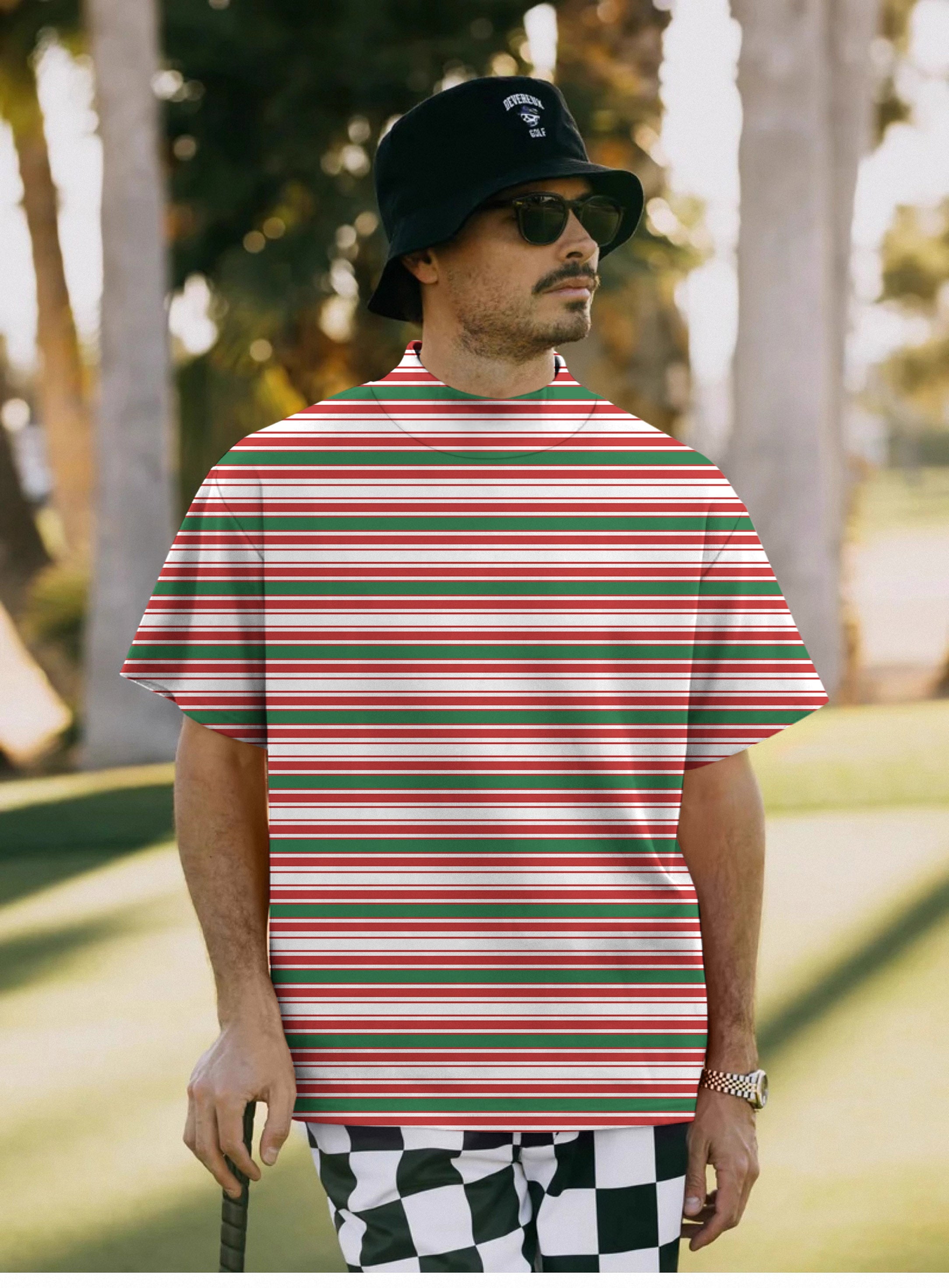 Men's striped Christmas pullover with high neck and short sleeves worn outdoors