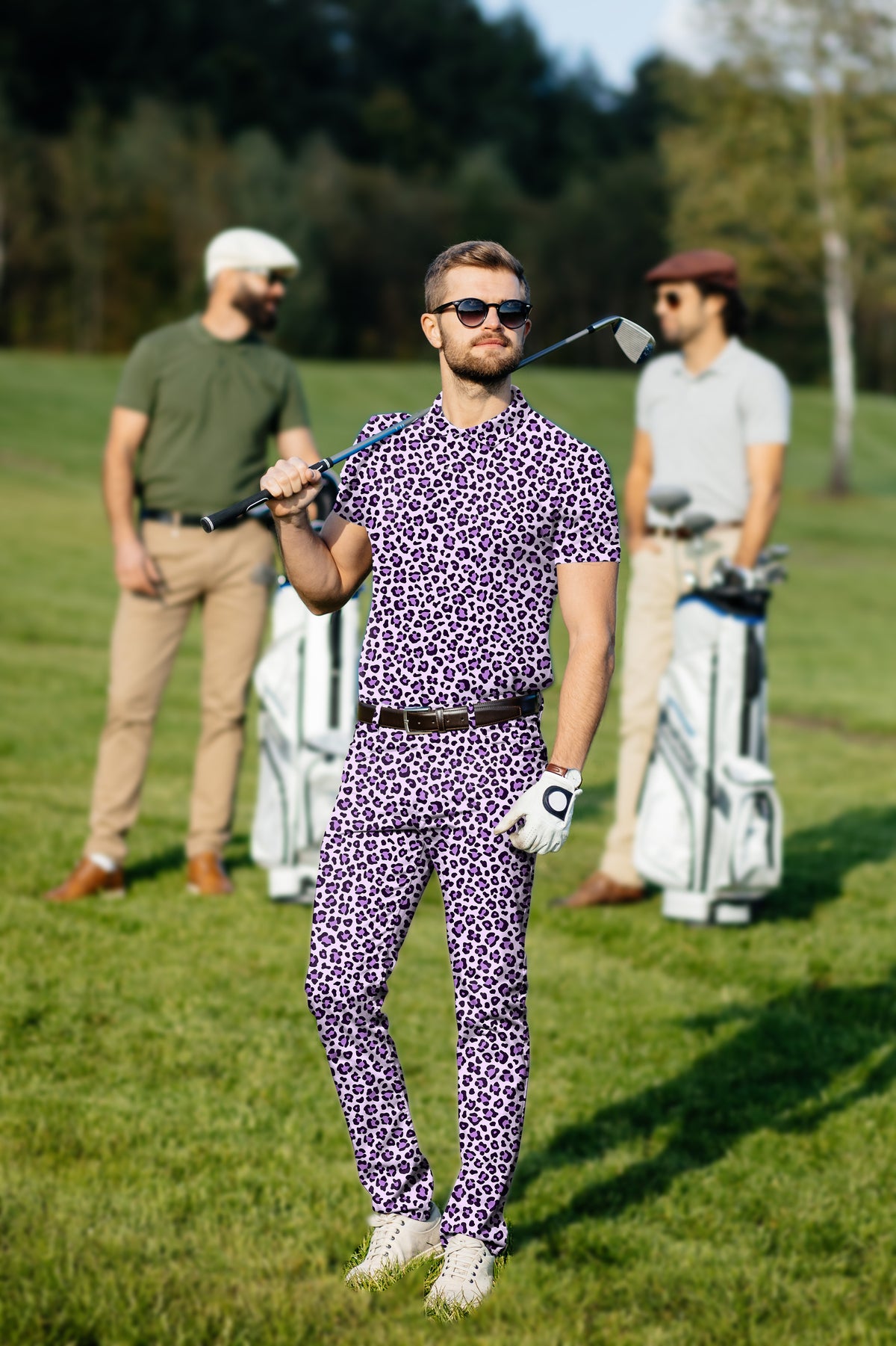 Men's Golf Set Polo+Pants pink leopard print