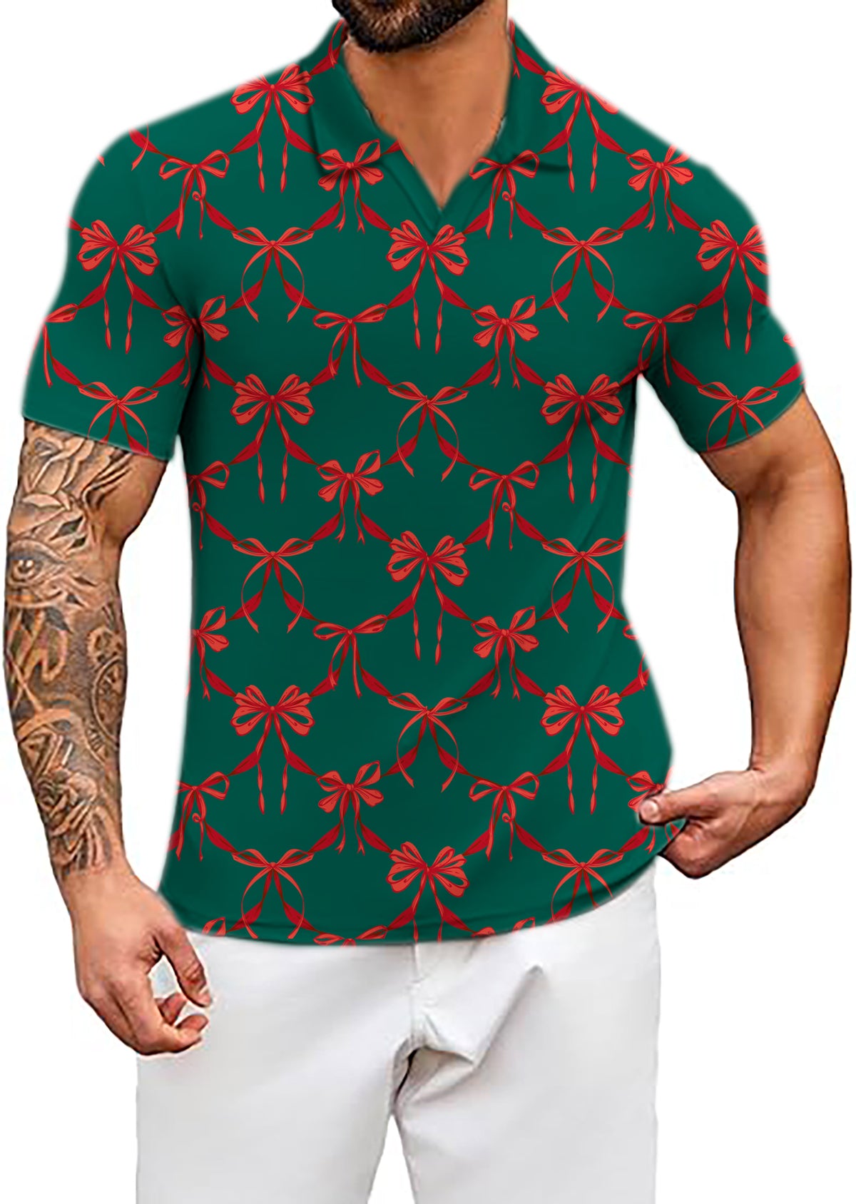 Men's Christmas red knot detail V Neck Golf Polo Shirts