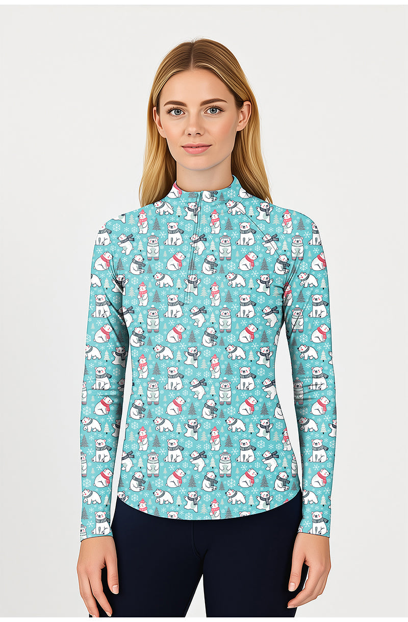 Women's Christmas white bear 3/4 zip long sleeve golf top in lightweight, sun-safe fabric