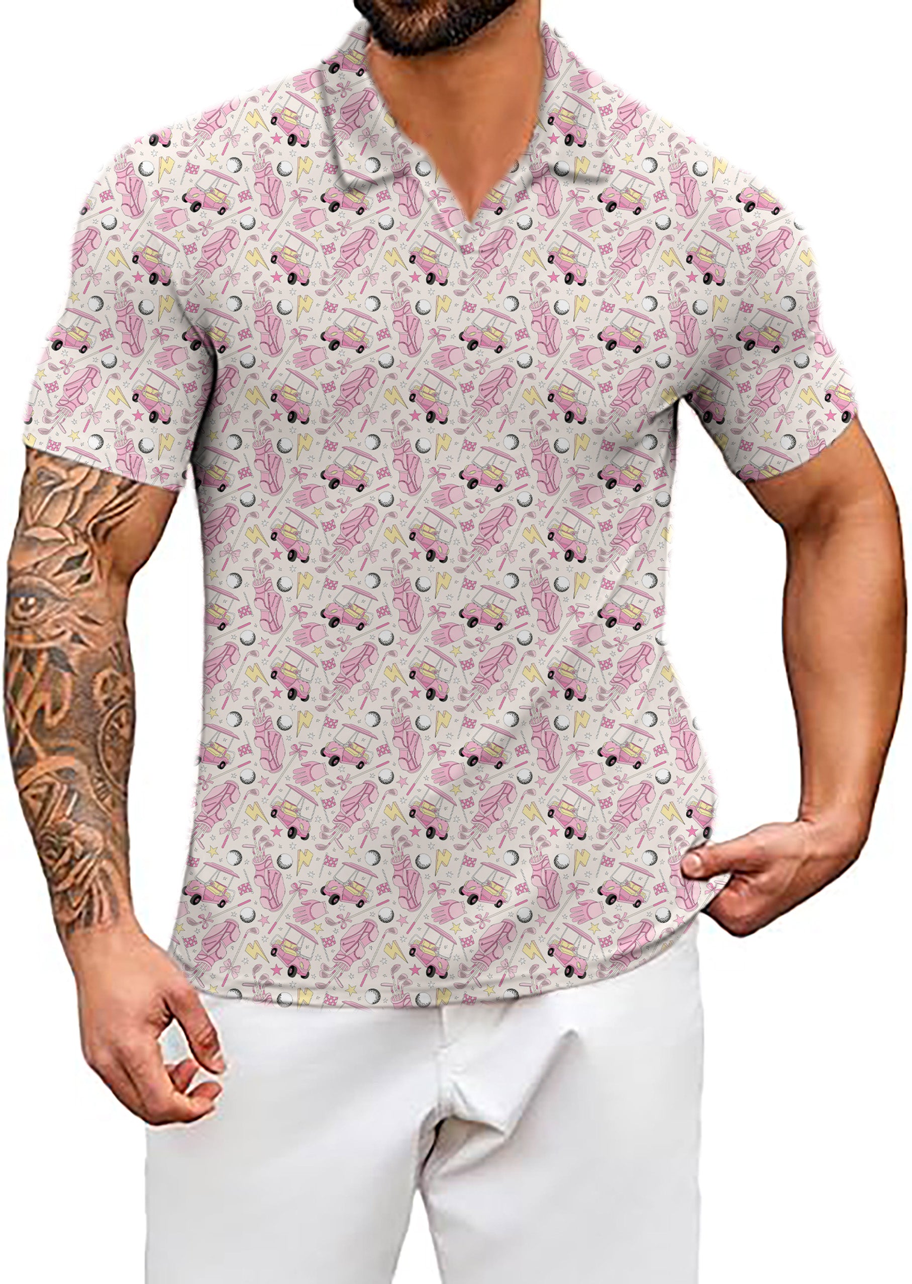 Men's Pink Golf Cartoon V Neck Golf Polo Shirts