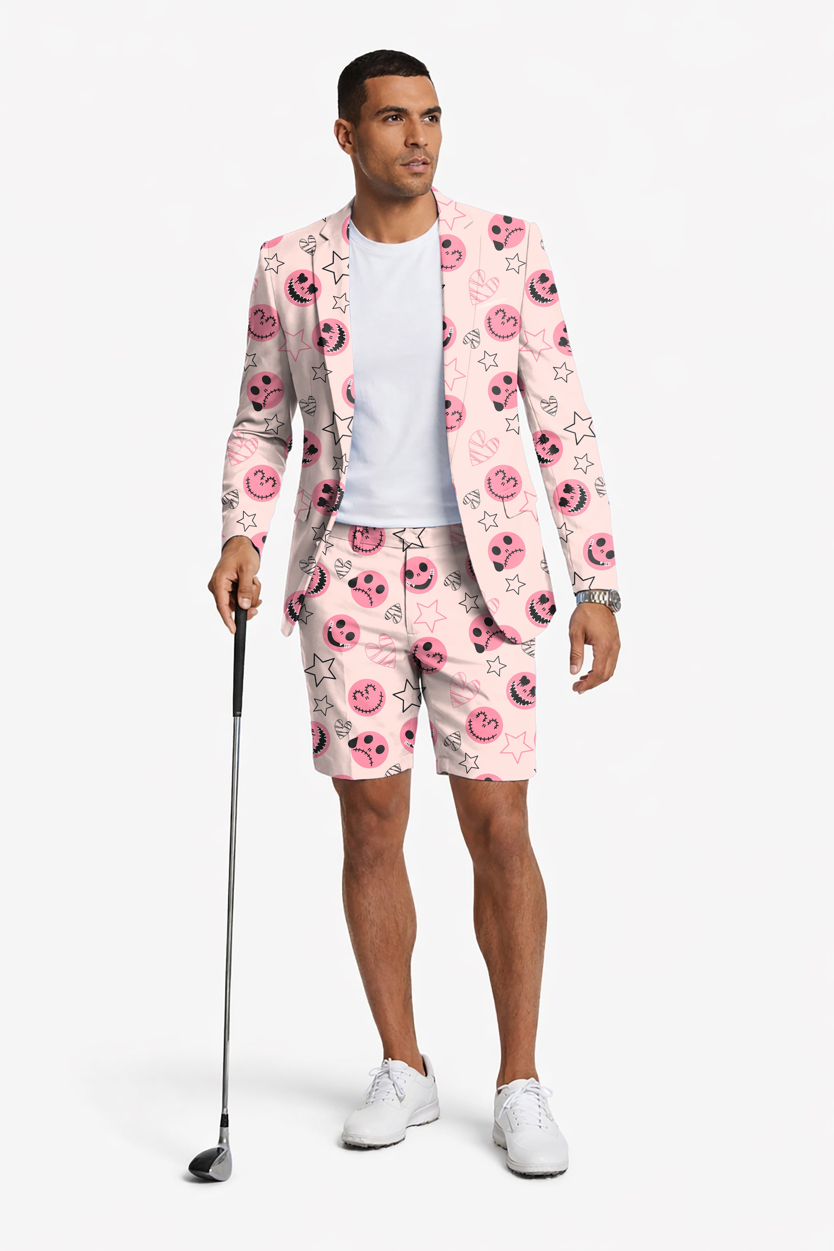Halloween pink smiley face Men's Party Costumes-Theme Party 2pcs Suit set-Blazer Shorts