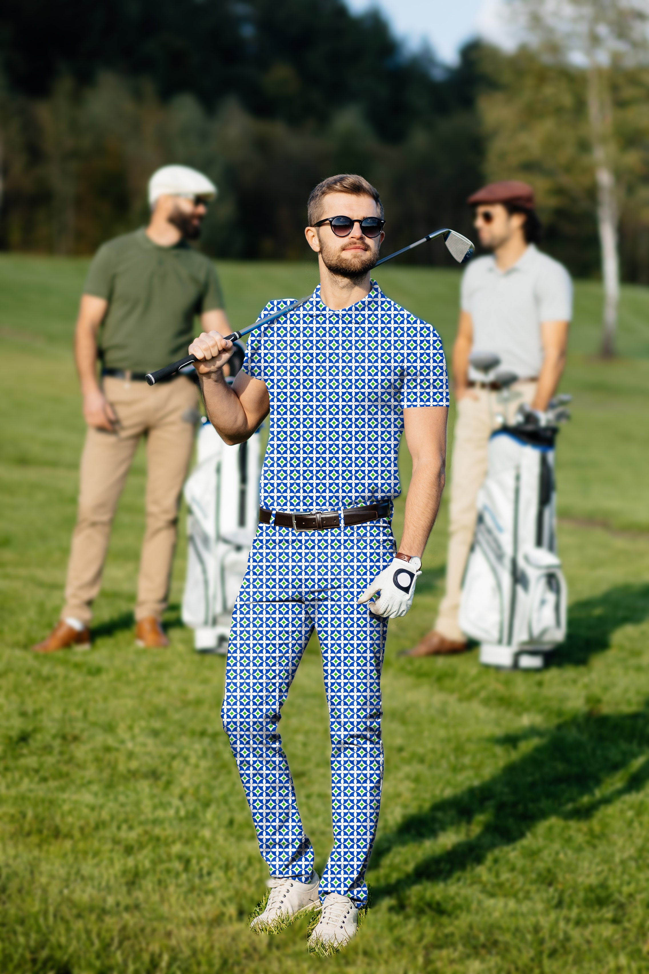 Men's Golf Set Polo+Pants Blue-Green Diamond