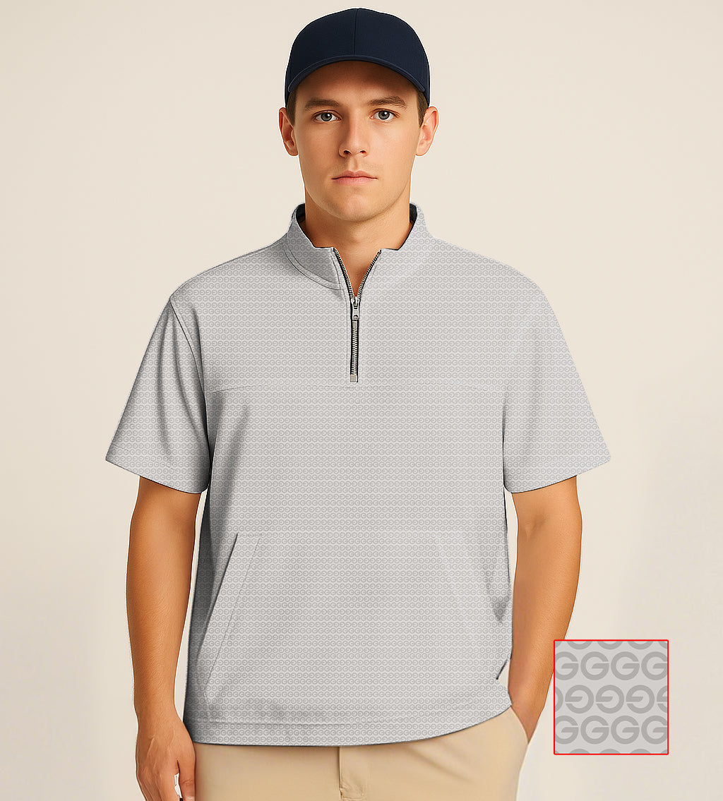 Men's beige half zipper turtleneck golf short sleeve shirt with G embroidery and customizable monogram