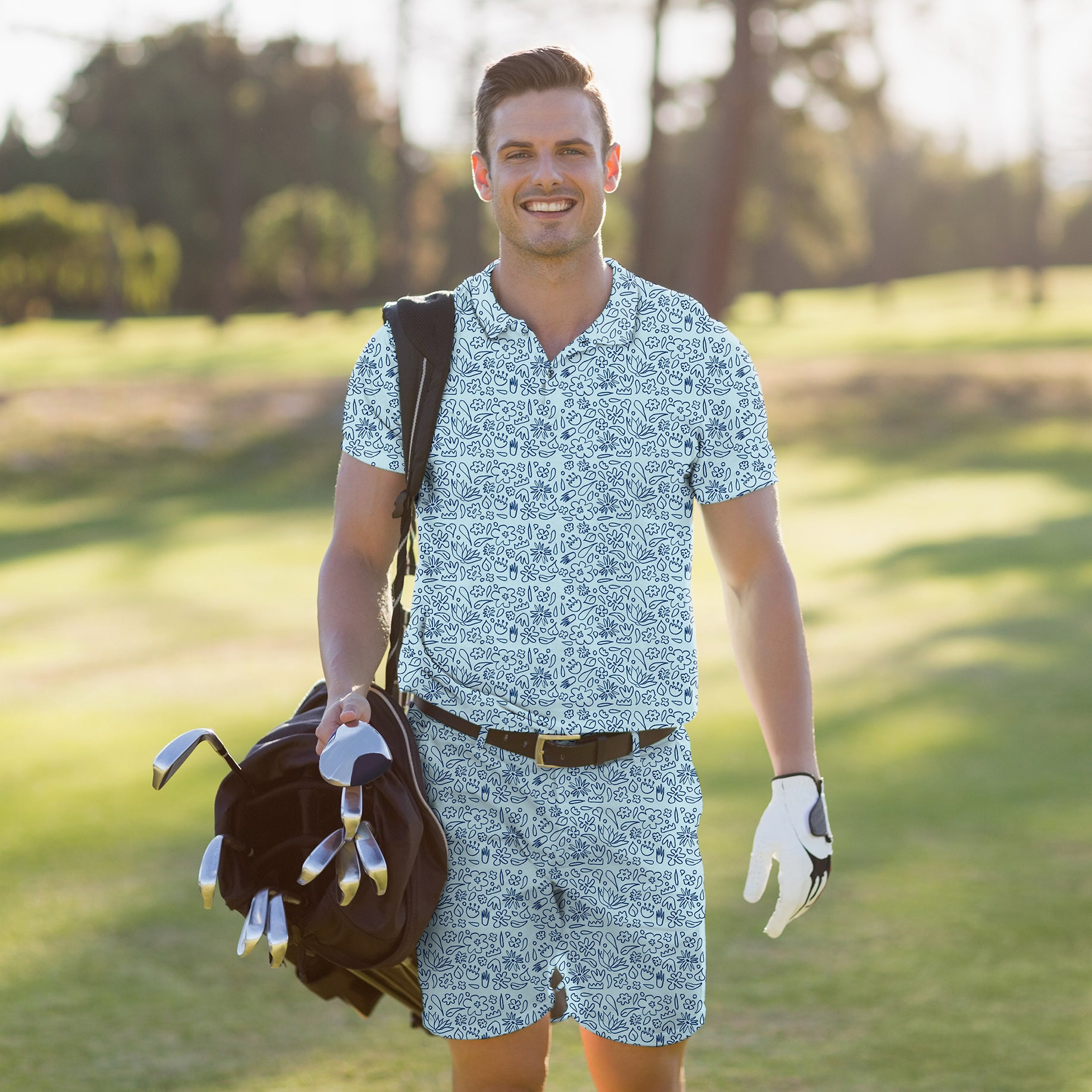 Men's Golf Set Polo+Shorts Simple Blue flower drawing