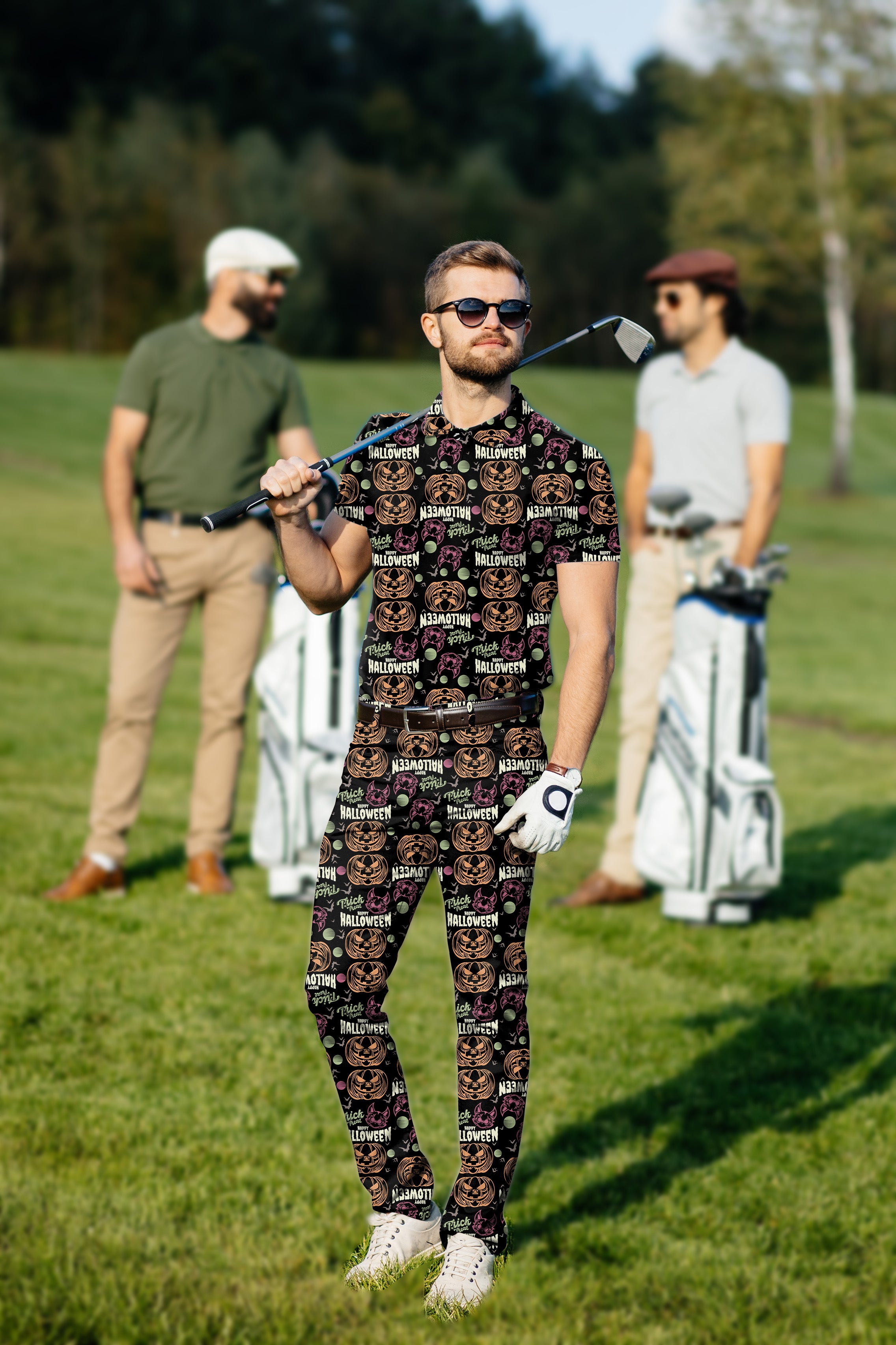 Men's Golf Set Polo+Pants Happy Halloween Colorful Pumpkin