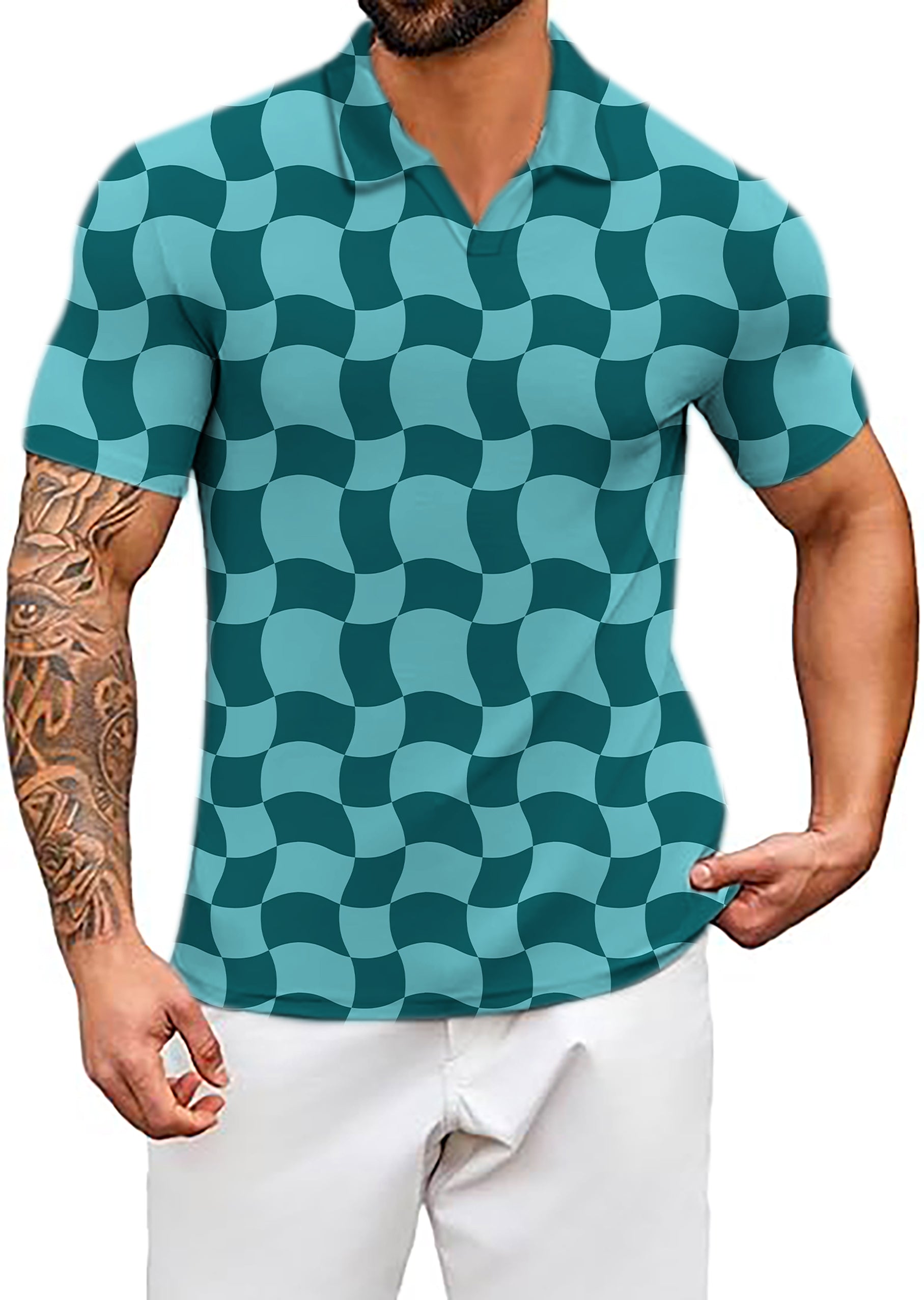 Men's Coconut Palm Wavy SquareTanjirou V Neck Golf Polo Shirts