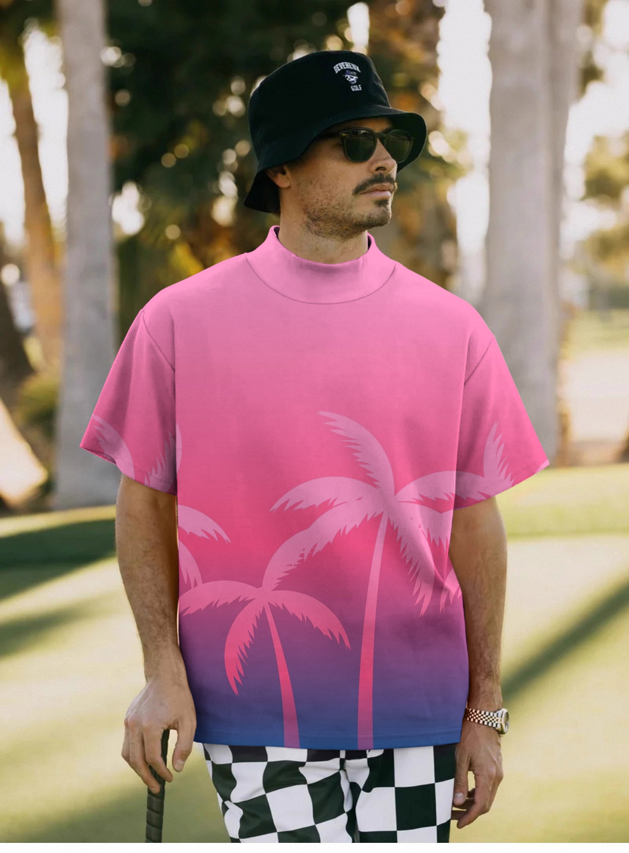 Men's Pink Palm Paradise Pullover High neck Long/Short sleeve T-Shirt